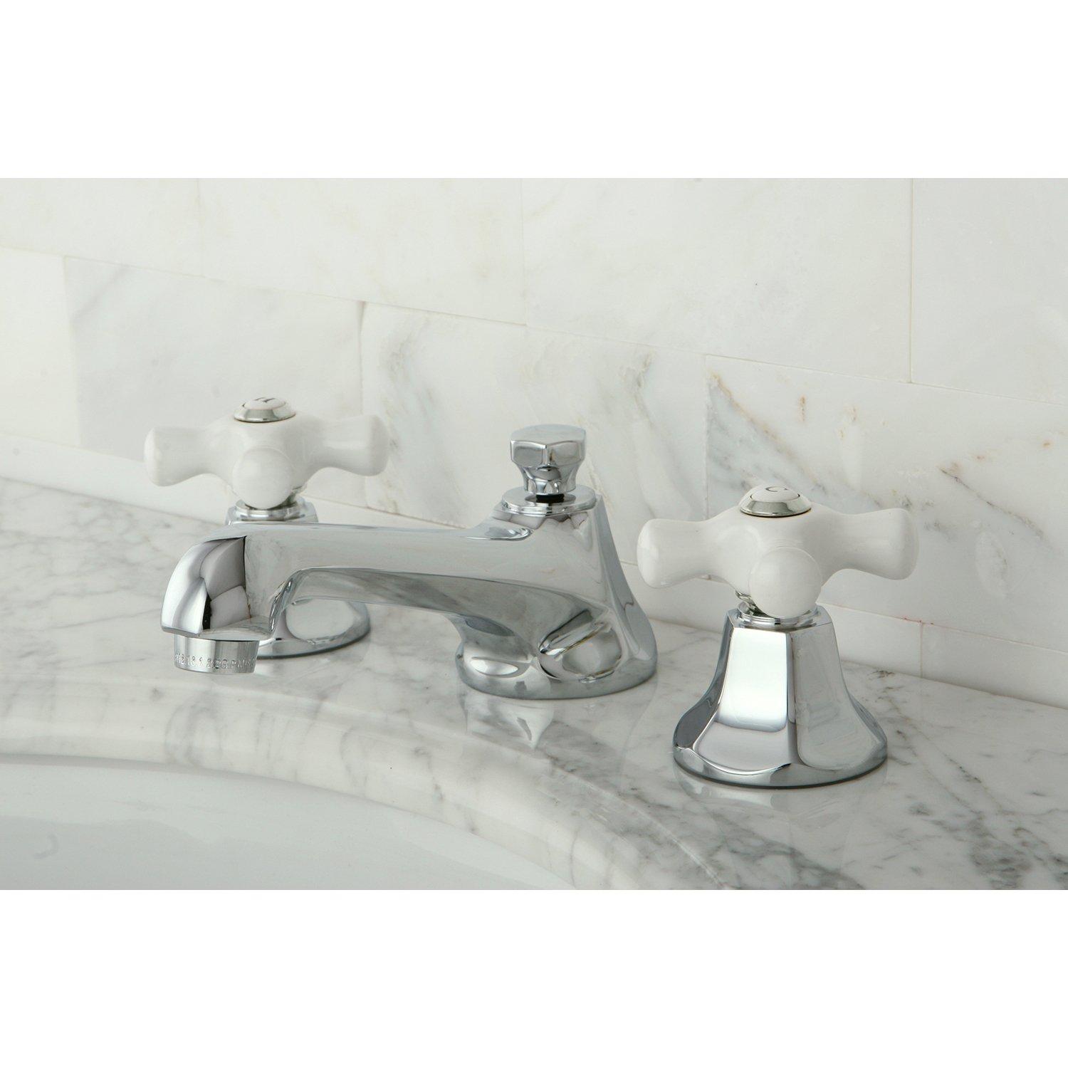 Kingston Brass Metropolitan Two-Handle 3-Hole Deck Mount Widespread Bathroom Faucet with Brass Pop-Up Drain