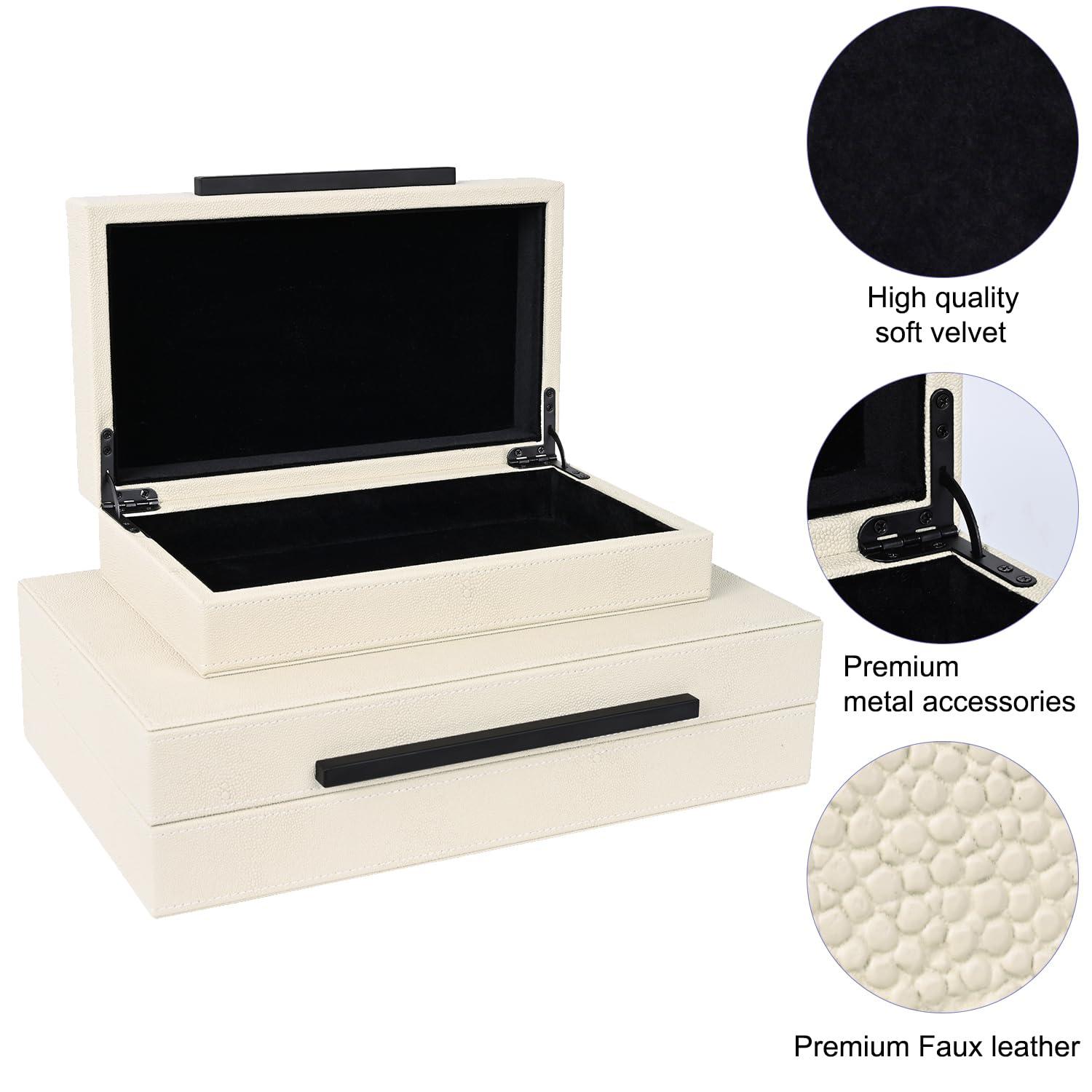 Faux  Leather Decorative Jewelry Storage Nesting Organizer Boxes with Lids Gold Handle Set of 3, Black