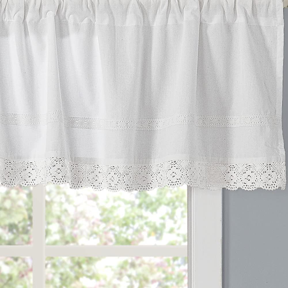 Laura Ashley Annabella White Solid Crocheted 100% Cotton Pole Top Window Valance 18 inches