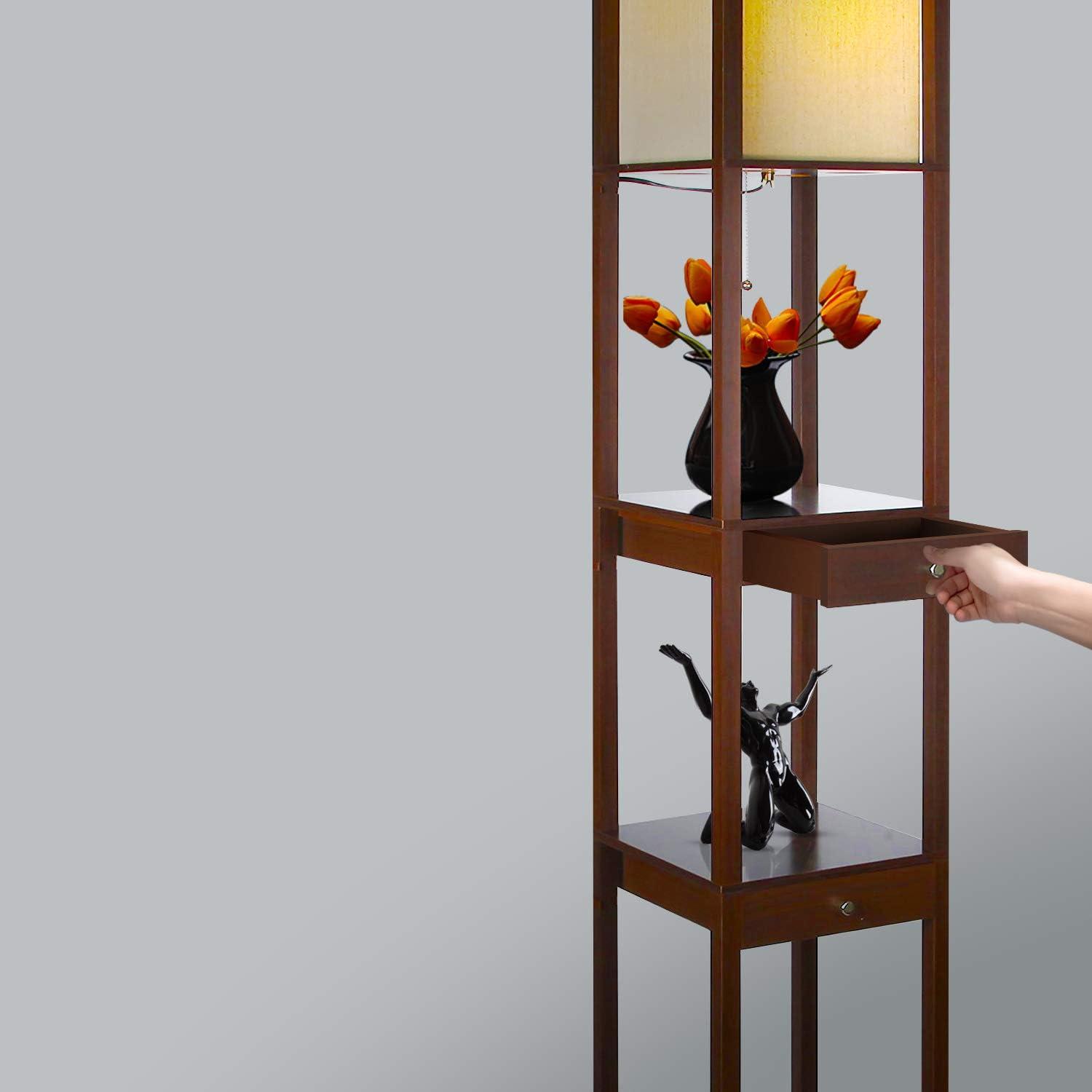 Maxwell 72 in. Havana Brown Traditional 1-Light LED Energy Efficient 3-Drawer Floor Lamp with Beige Fabric Square Shade