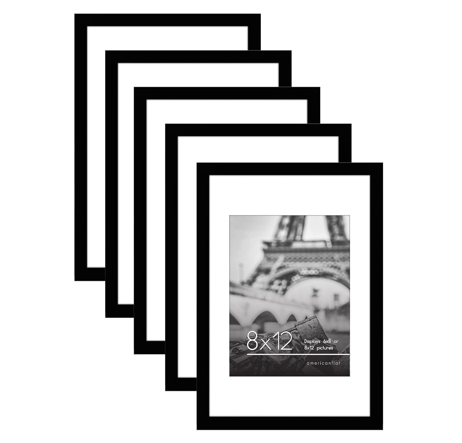 Americanflat 5 Pack of 8x12 Frames with 6x8 Mat - Plexiglass Cover - Black