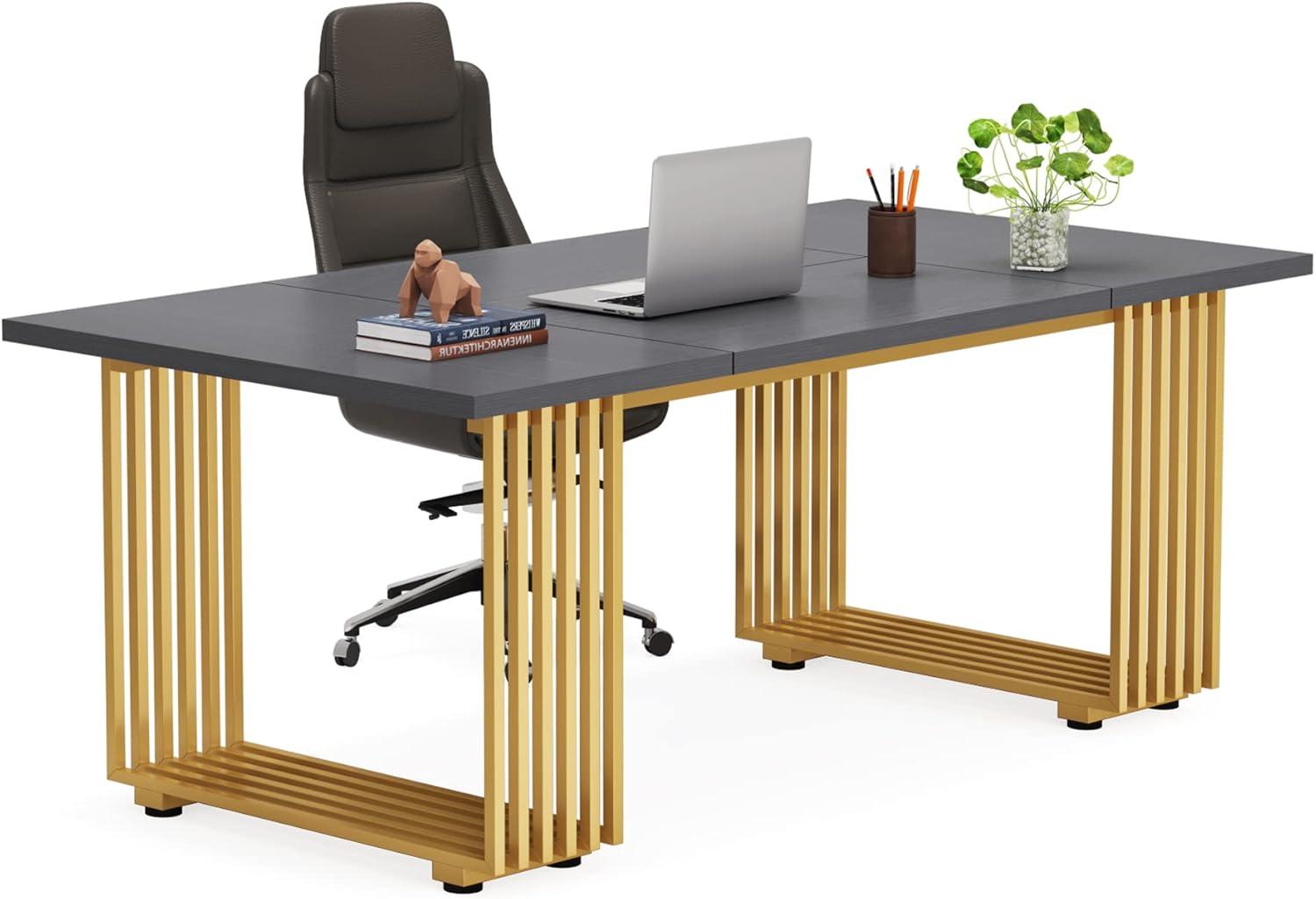 Tribesigns 70.9" Executive Office Desk, Modern Conference Desk with Metal Frame, White Gold