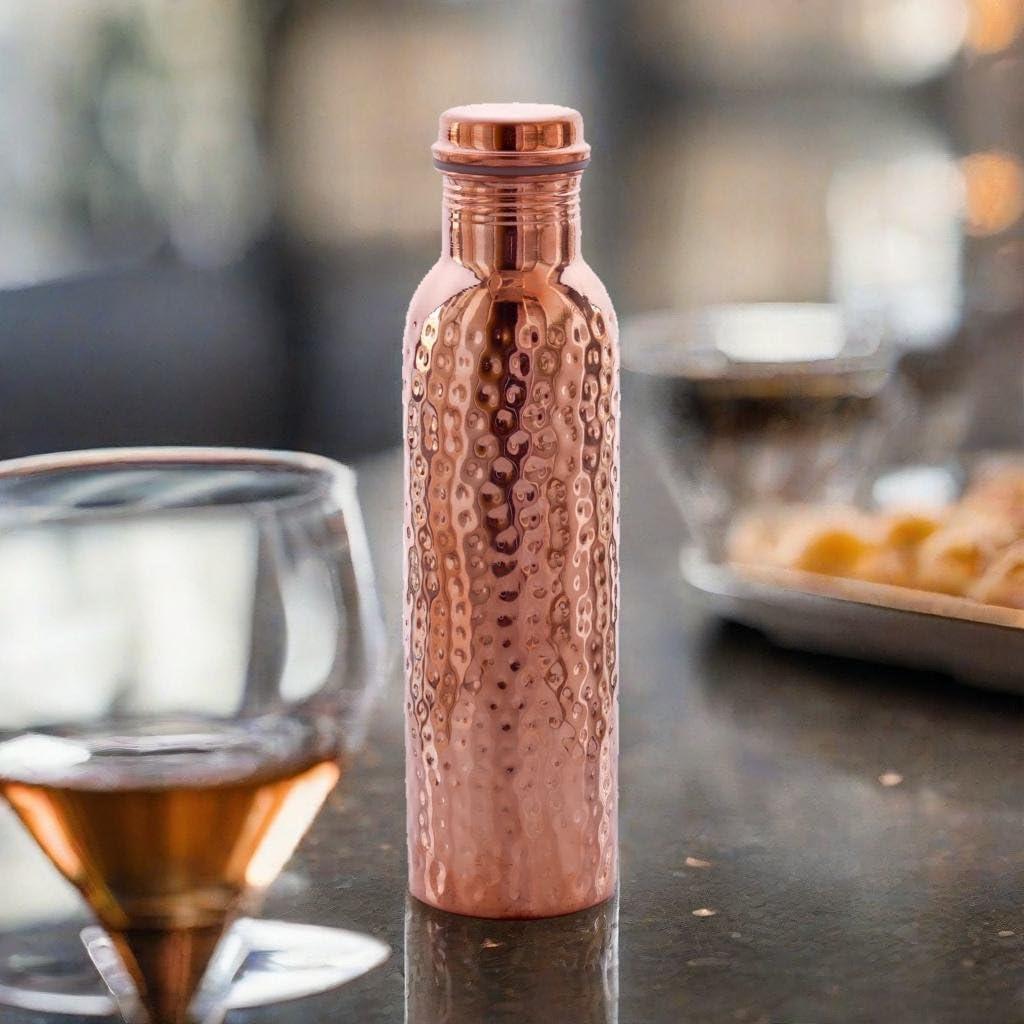 Hammered Design Pure Copper Water Bottle Seamless Leakproof Water Bottle For Home, Office, Hotel, Travelling and Gifting Drink More Water and Immediately Reap the Health - 33.81 Fl Oz