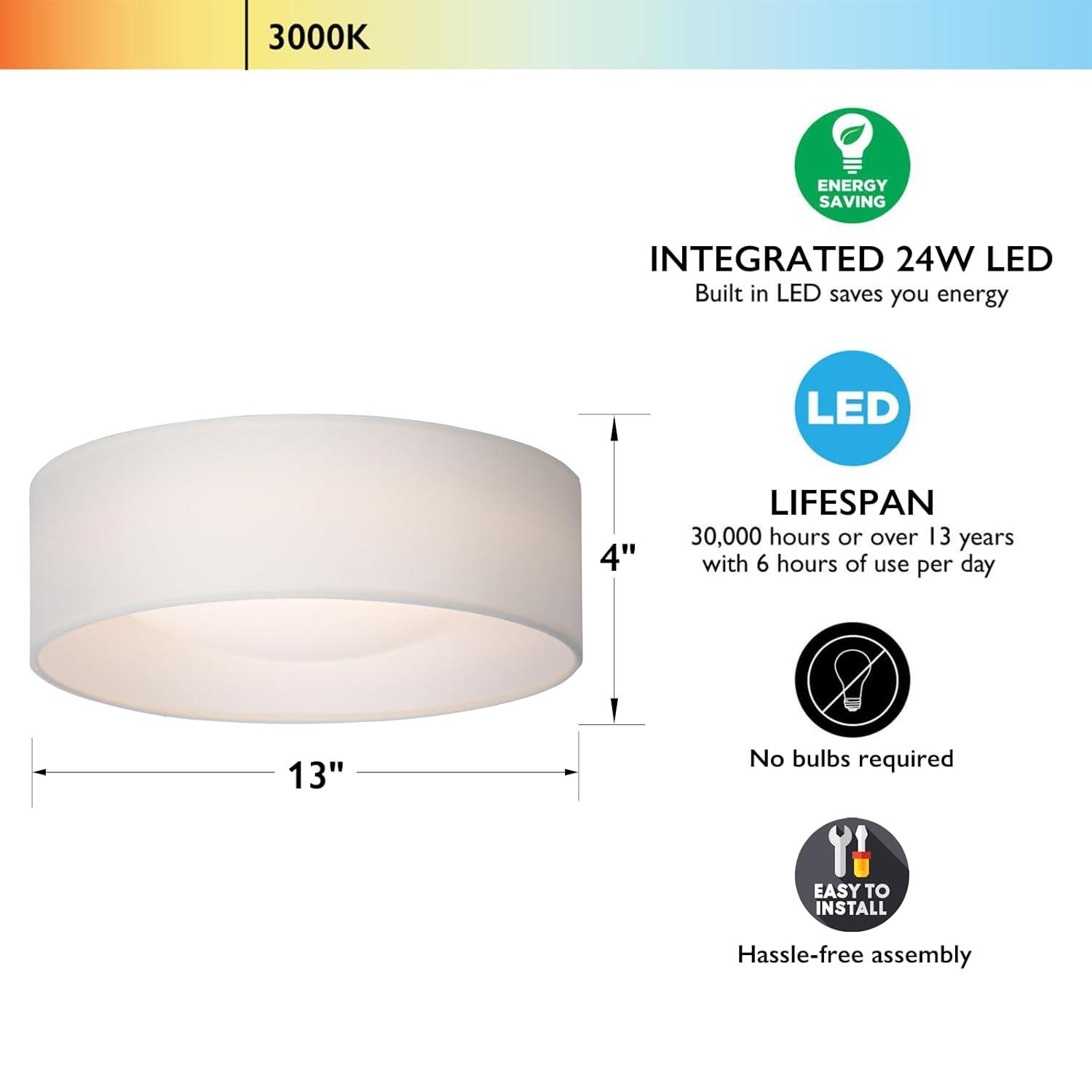 13" White Fabric Flush Mount Ceiling Light, 24W 3000K LED Closed to Ceiling Light Fixture with Classic Linen Drum Design for Bedrooms, Kitchen, Dining Room, Hallway