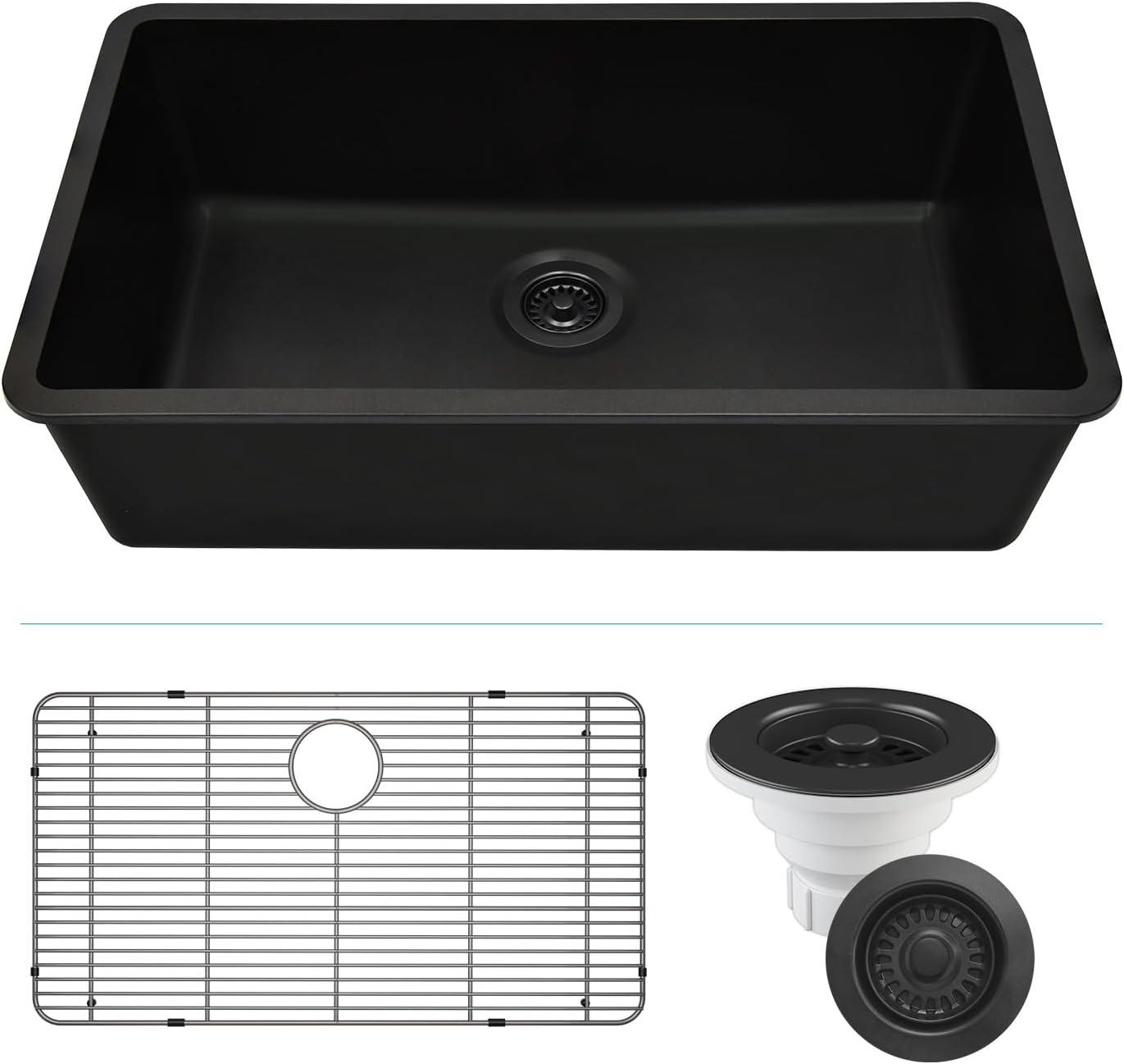Lexicon LP-1000-K 32" x 19" Quartz Kitchen Sink, Single Bowl Sink, Drop-in Sink, Undermount Sink, Granite Kitchen Sink, with Steel Grids and Basket Strainer, Disposal Flange