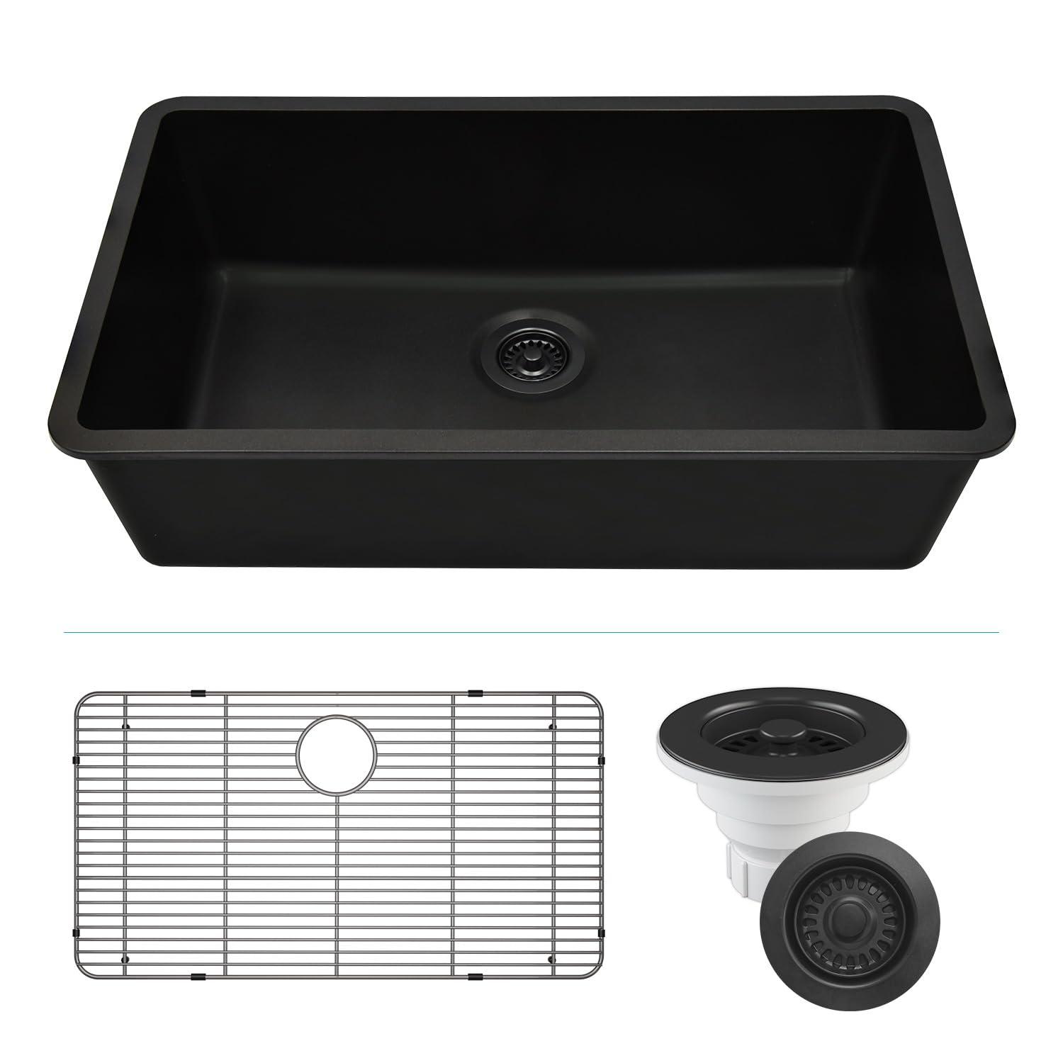 Lexicon LP-1000-K 32" x 19" Quartz Kitchen Sink, Single Bowl Sink, Drop-in Sink, Undermount Sink, Granite Kitchen Sink, with Steel Grids and Basket Strainer, Disposal Flange