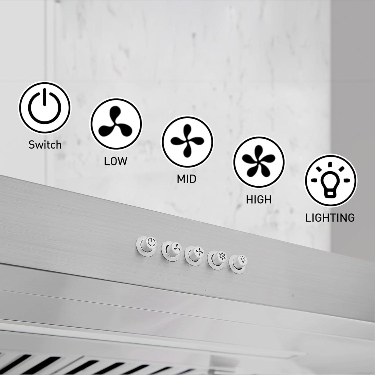 Vesta Charlotte 500cfm Under Cabinet Range Hood With 3 Levels Of Speed, Mechanical Buttons Control, Dishwasher Friendly Baffle Filters, Flexible Vent Connectors, Long LED Stripe