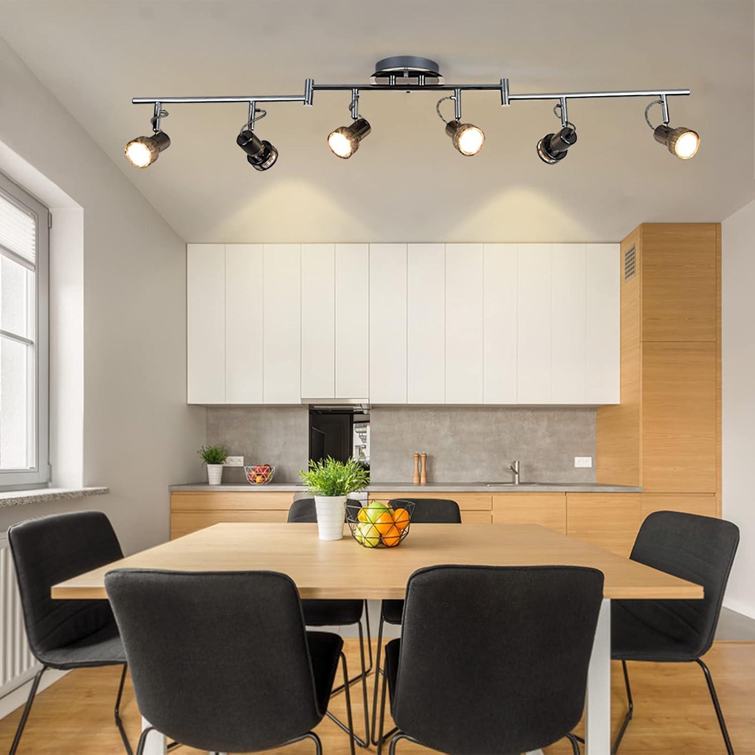 Depuley 6-Light Modern LED Track Ceiling Spotlight, Directional Flush Mount Foldable Ceiling Track Light Kit Rotatable Heads and Swing Arms for Living Room Kitchen Dining, GU10 Bulb Include