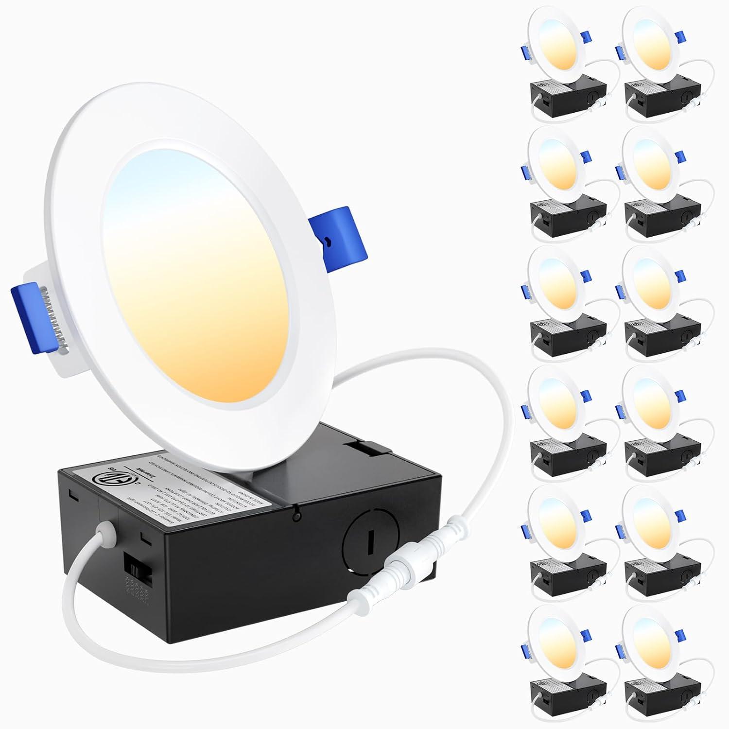 Ensenior 12 Pack 4 Inch Ultra-Thin LED Recessed Ceiling Light with Junction Box, 3000K/4000K/5000K Selectable, 9W 75W Eqv, Dimmable, 750LM High Brightness - ETL and Energy Star Certified 4 Inch 5000k/4000k/3000k - 3cct White