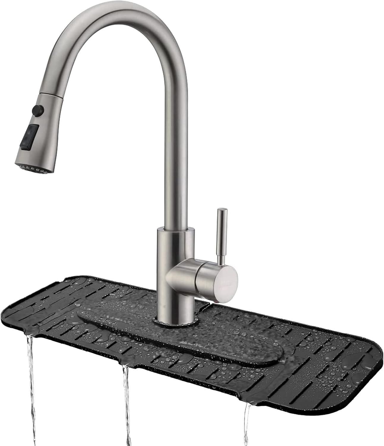 Kingmall Silicone Faucet Mat, Kitchen Faucet Mat for Drip Catcher, 100% Food Grade Silicone, Black, Deck Mount, Single Hole, Reusable, for Faucets with 1cm(0.4 Inch) Deck Plate