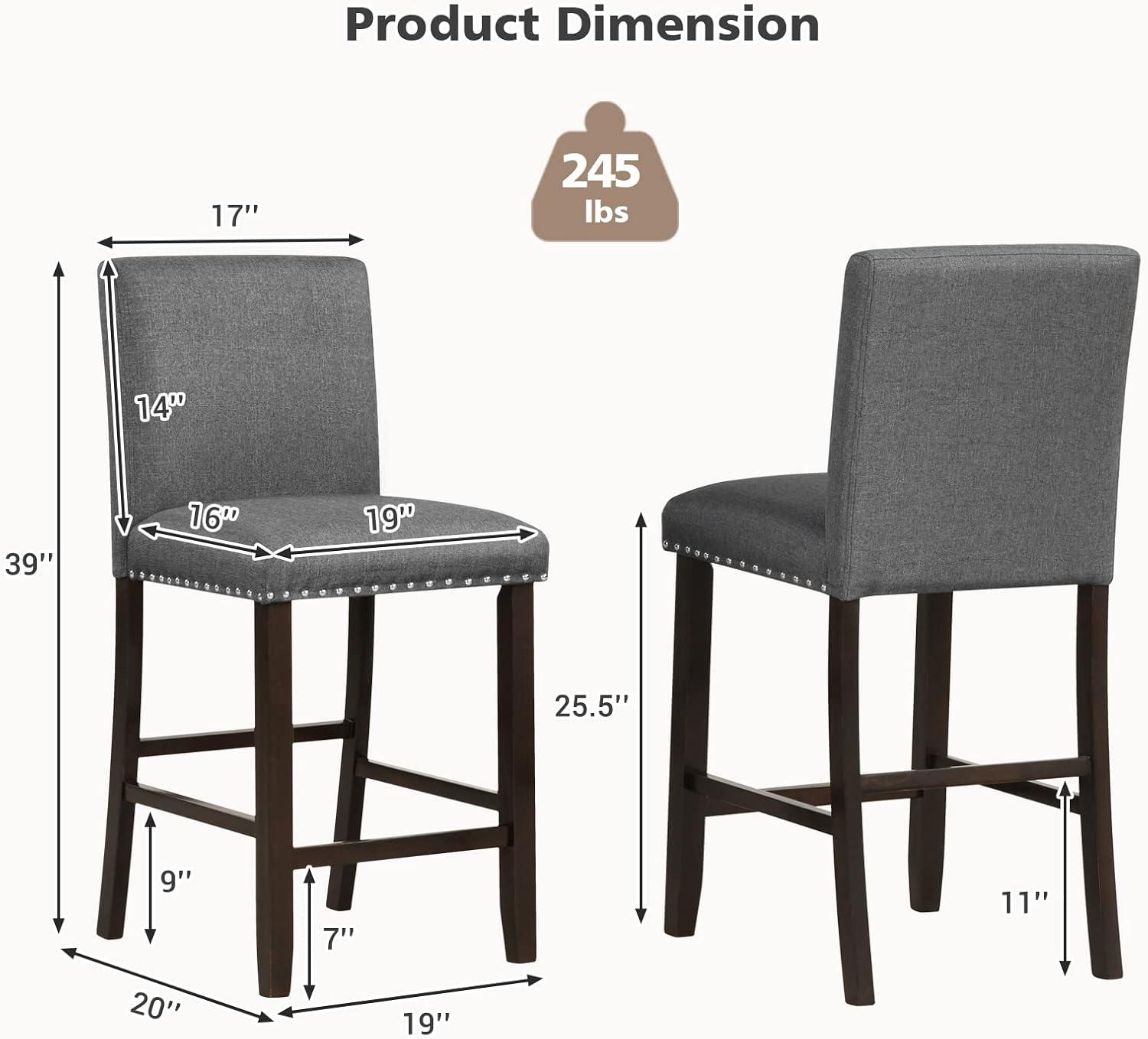 Set of 2 Gray Leather and Wood Bar Stools with Rivet Details