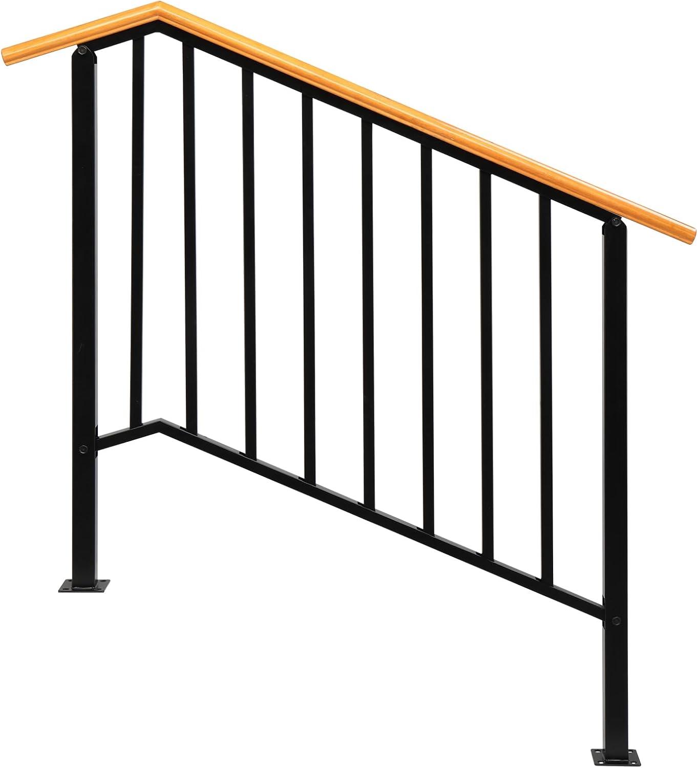 HLL Handrails for Outdoor Steps, Black Wrought Iron Handrail Fits 4 or 5 Steps, Transitional Handrail with Installation Kit, Stair Railing for Concrete Steps or Wooden Stairs