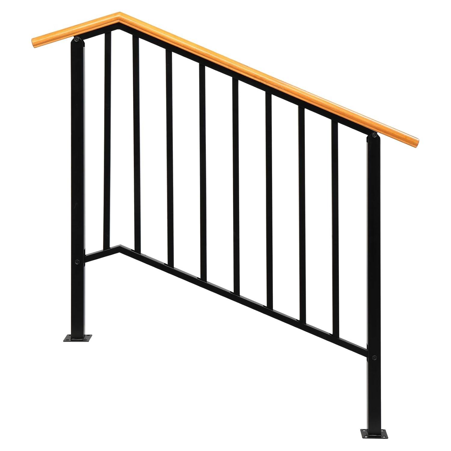 HLL Handrails for Outdoor Steps, Black Wrought Iron Handrail Fits 4 or 5 Steps, Transitional Handrail with Installation Kit, Stair Railing for Concrete Steps or Wooden Stairs