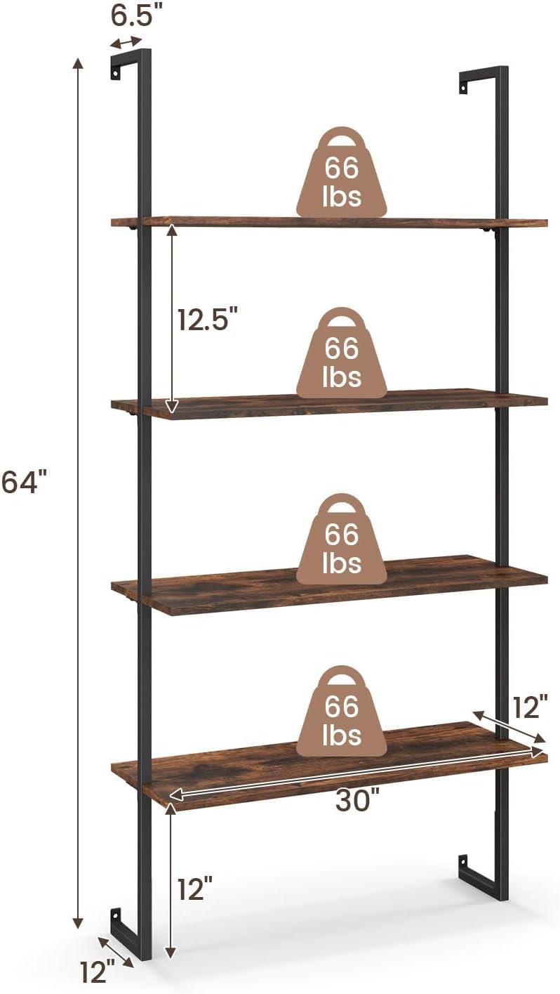 Rustic Brown 4-Tier MDF and Metal Ladder Bookshelf