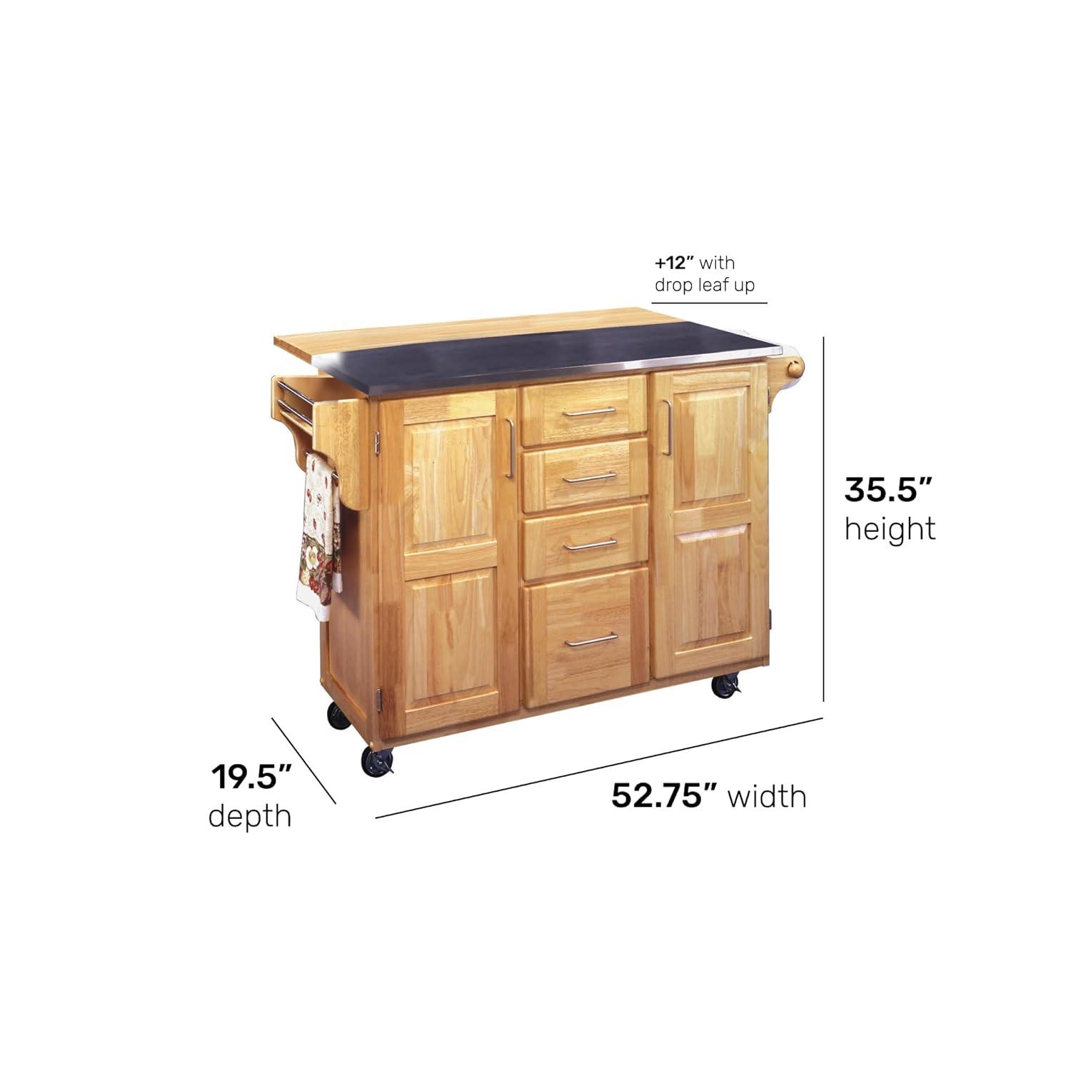 Breakfast Bar Kitchen Cart Natural with Stainless Steel Top - Home Styles: Rolling Island, Storage, Modern Design