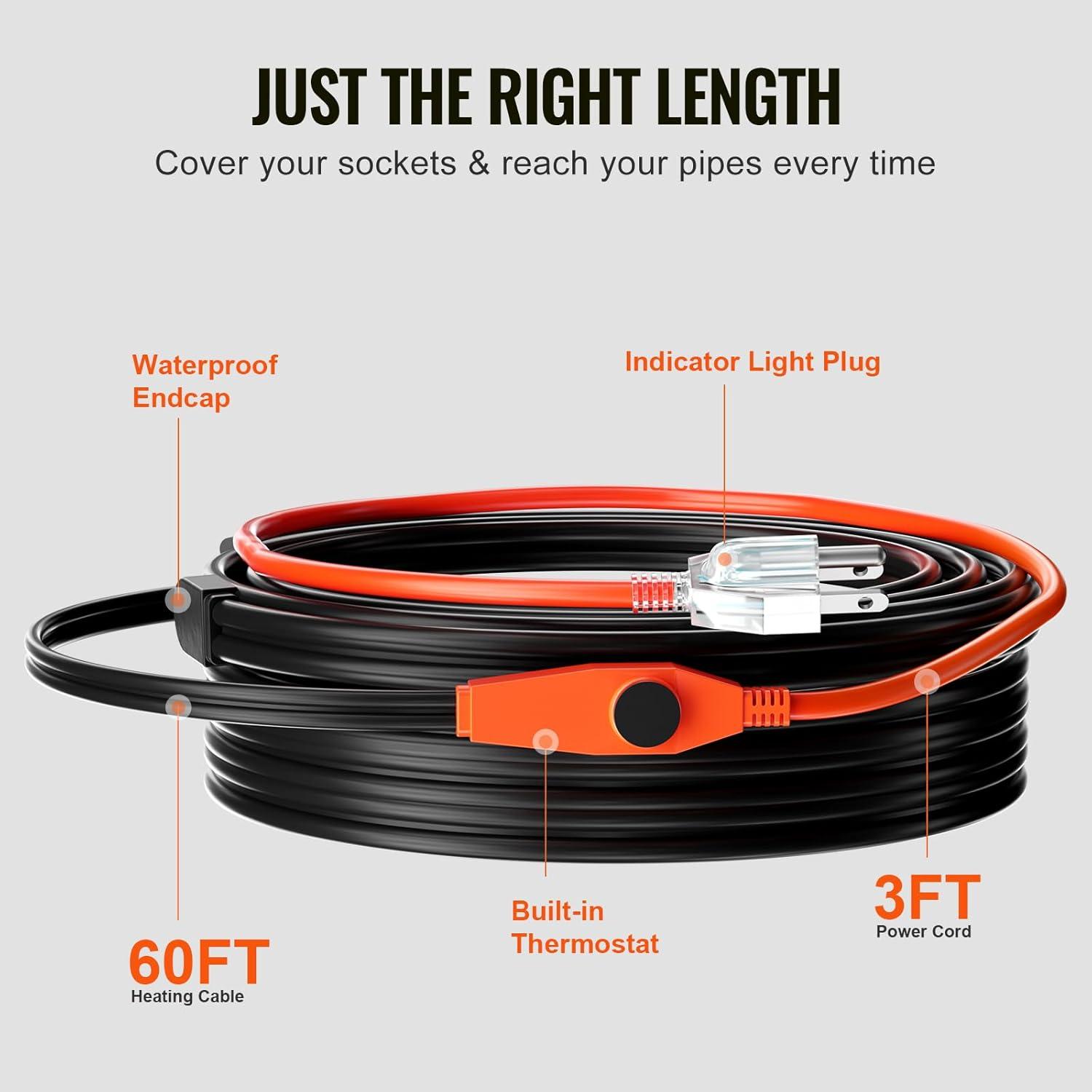 VEVOR Pipe Heating Cable 24FT 7W/FT Heat Tape for Pipes with Built-in Thermostat