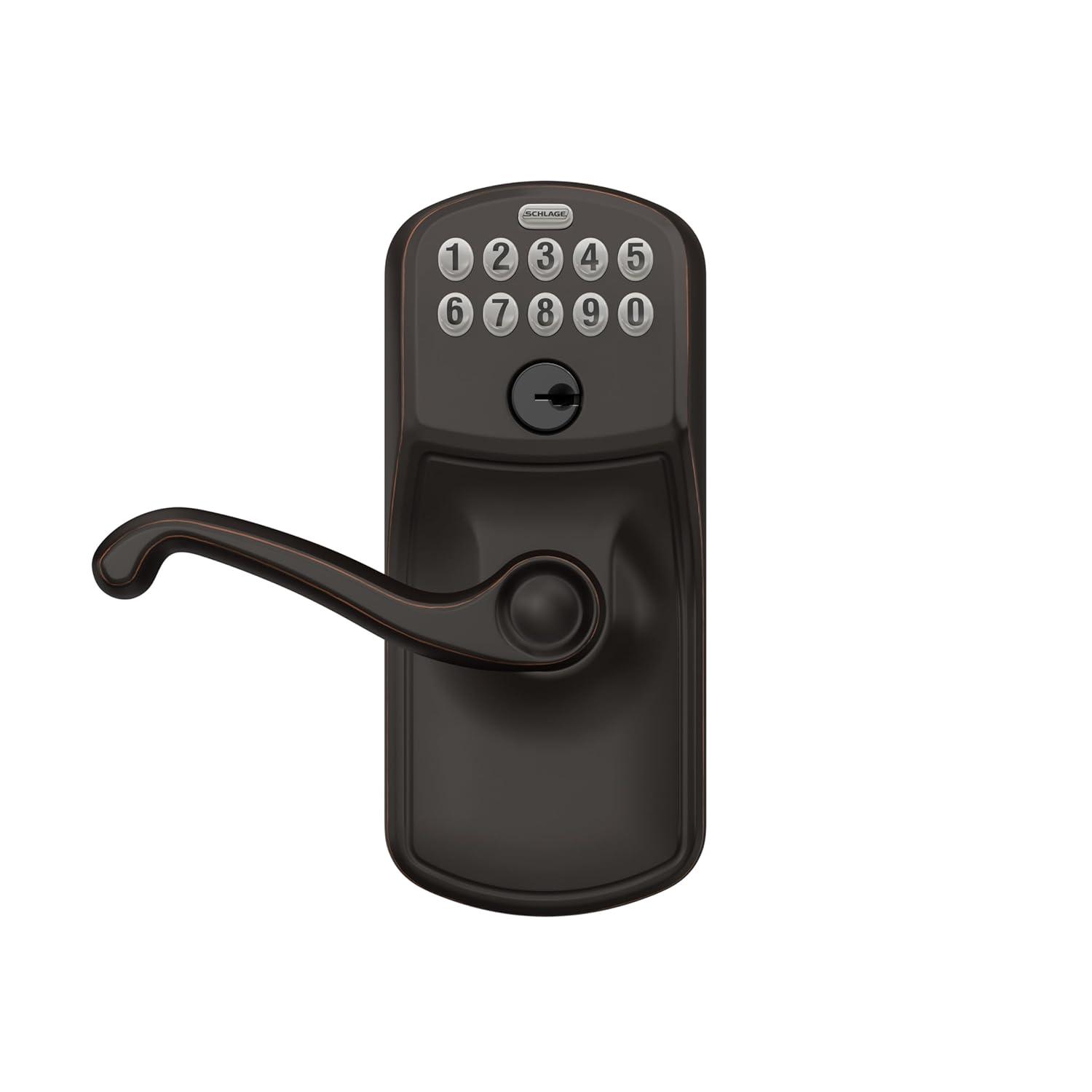 SCHLAGE FE595 PLY 716 FLA Plymouth Keypad Entry with Flex-Lock and Flair Style Levers, Aged Bronze