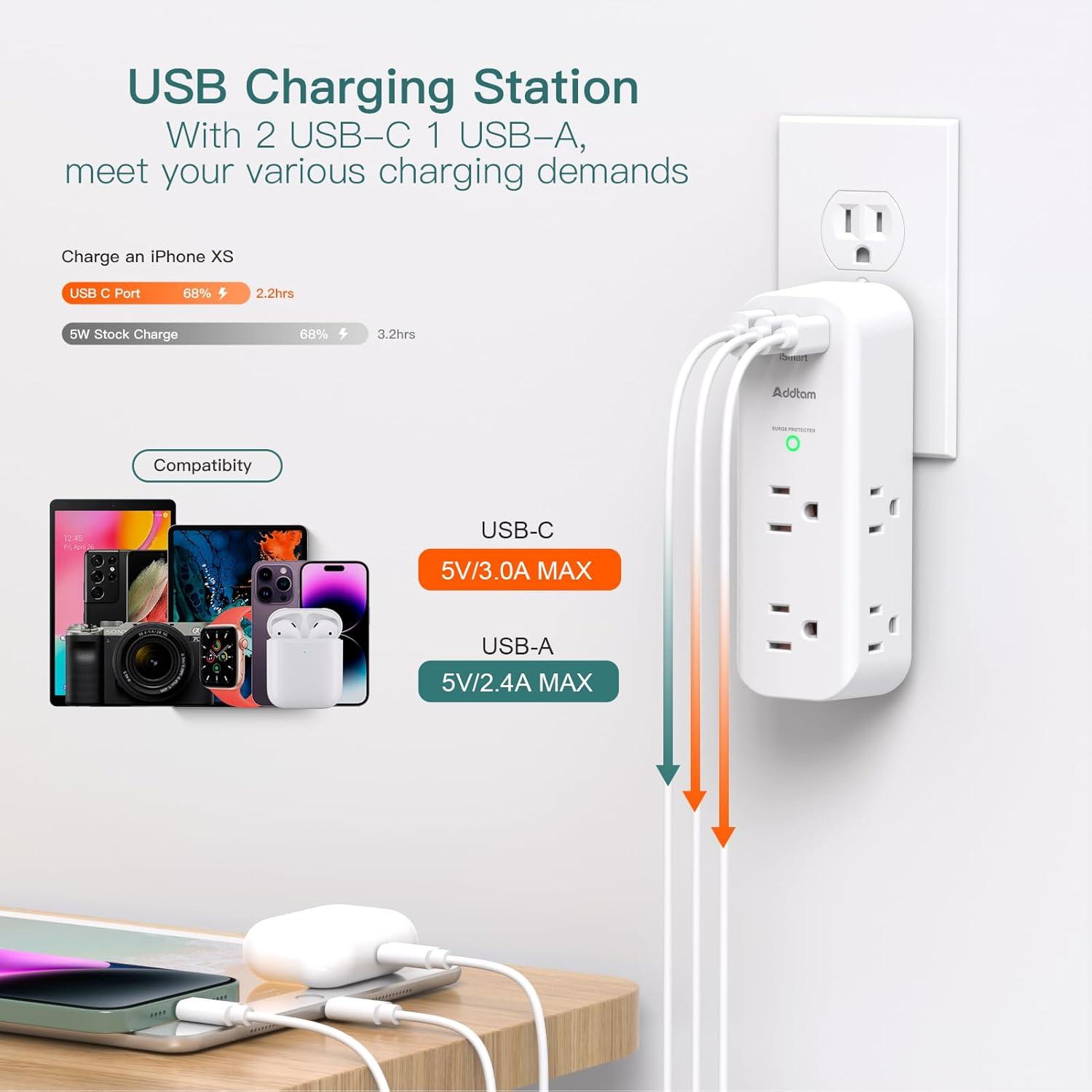 White 10-Piece USB Outlet Extender with Rotating Plug