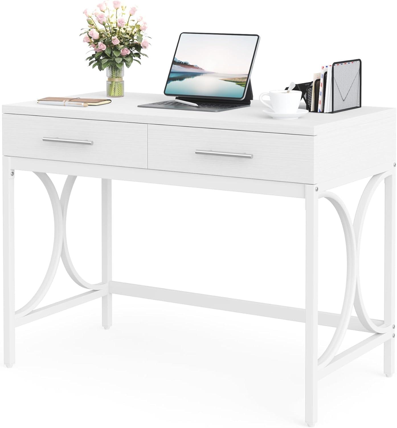 Tribesigns Modern Computer Desk with 2 Drawers, 41 Inches Study Writing Office Desk for Home Office, Bedroom, Makeup Vanity Table Desk with Metal Frame, White