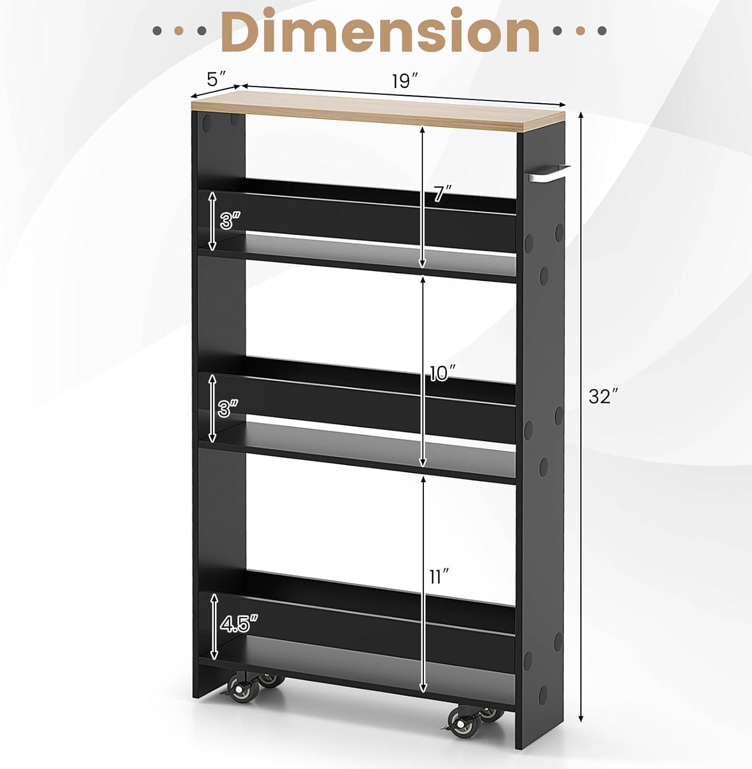 Costway Rolling Kitchen Slim Storage Cart Mobile Shelving Organizer with Handle Black