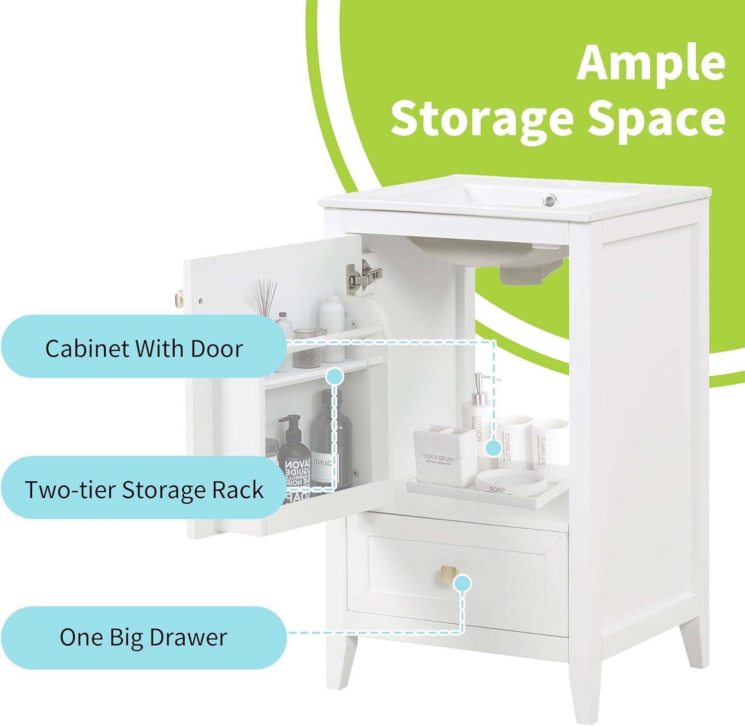 Harper & Bright Designs 20" Bathroom Vanity, Small Single Vanity with Drawer & Soft Closing Doors, Solid Wood Bathroom Cabinet with Storage Rack, Ceramic Sink, White