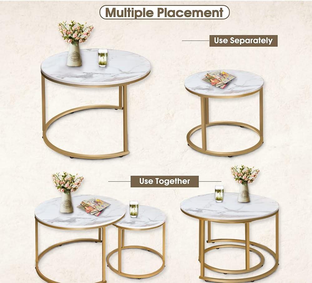 White Marble and Gold Round Nesting Coffee Table Set