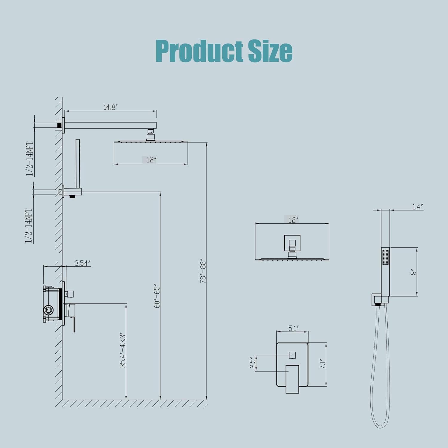 Shower Faucet Set 12" Matte Black Shower Head And Handle Set Rainfall Shower System with Square Rain Shower Head and High Pressure Handheld Spray