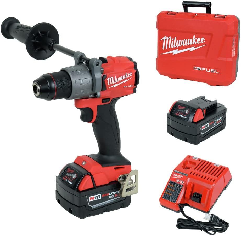 Milwaukee M18 Fuel 1/2" 18V Brushless Hammer Drill Driver 2804-22 with (2) 5Ah Batteries, Charger, & Tool Case