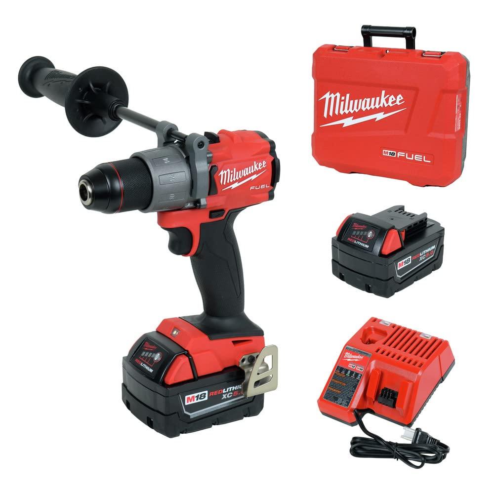 Milwaukee M18 Fuel 1/2" 18V Brushless Hammer Drill Driver 2804-22 with (2) 5Ah Batteries, Charger, & Tool Case