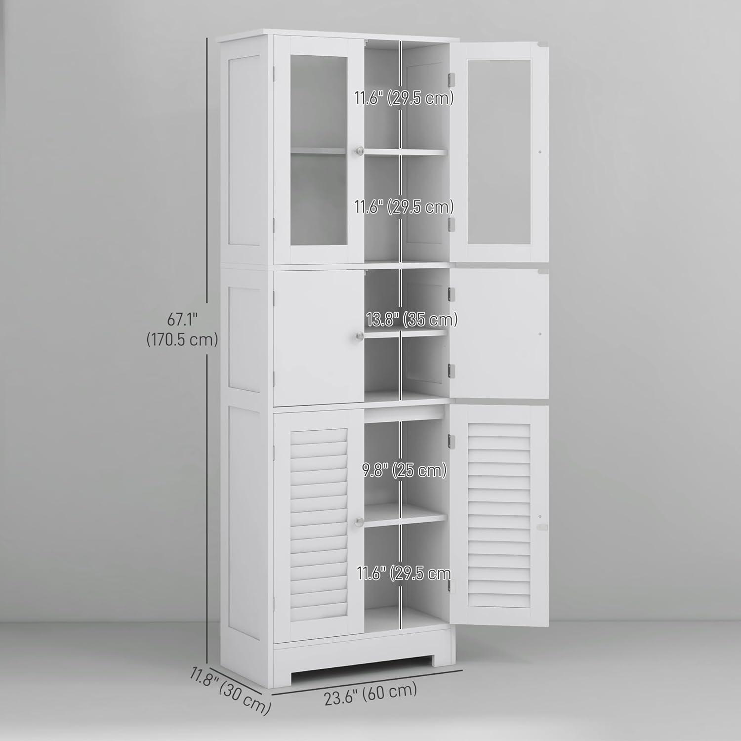 HOMCOM 67" Bathroom Cabinet with Glass/Louvred Doors, Tall Bathroom Storage Cabinet with Adjustable Shelf, White