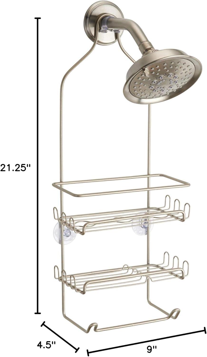 Satin Silver Metal Hanging Shower Caddy with Hooks and Towel Bar