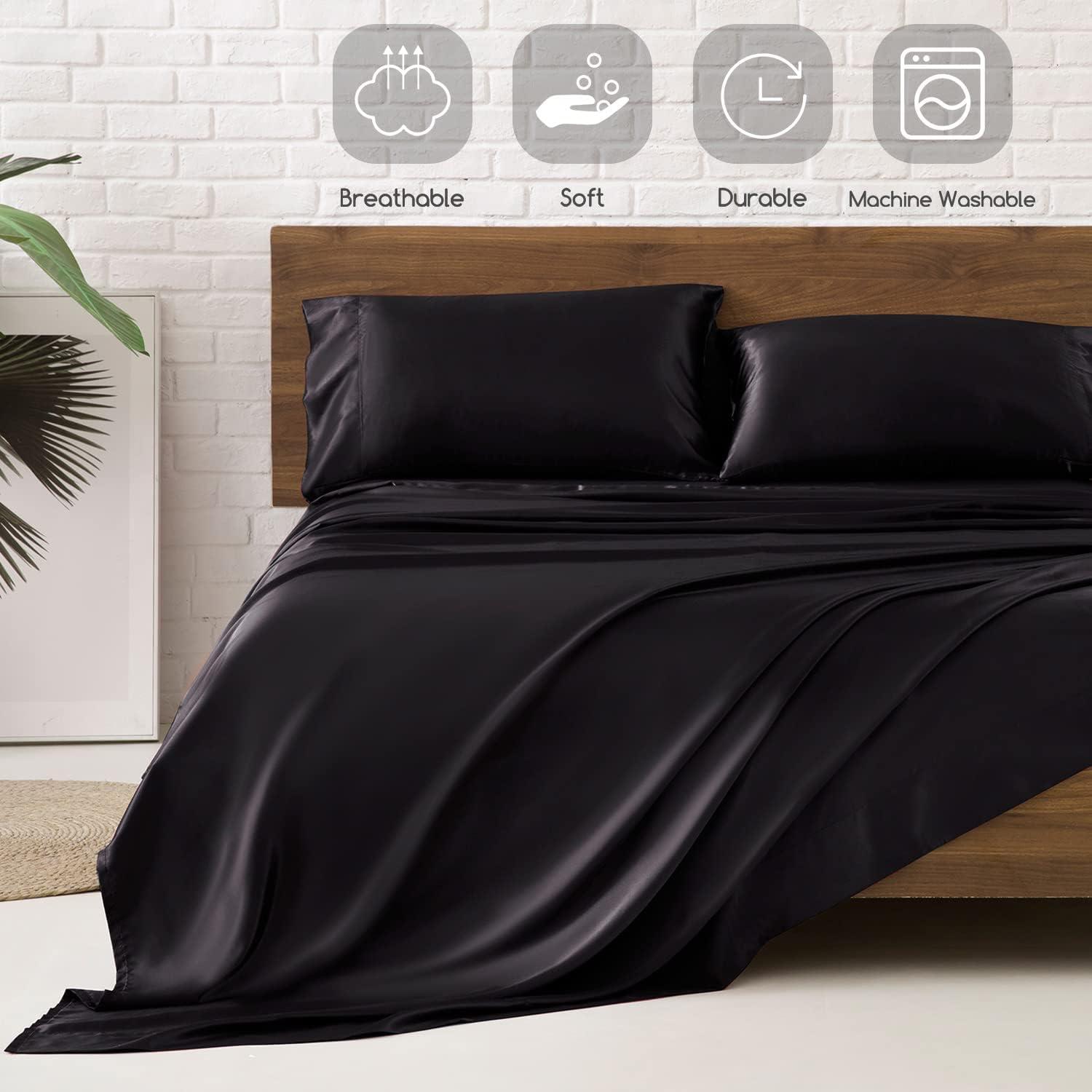 MR&HM Satin Sheet Set Full 4 Pcs, Silky Elegant Luxurious Full Size Bed Sheets, with Flat Sheet, Deep Pocket Fitted Sheet for Mattress and Matching Satin Pillow Cases (Full Size, Black)