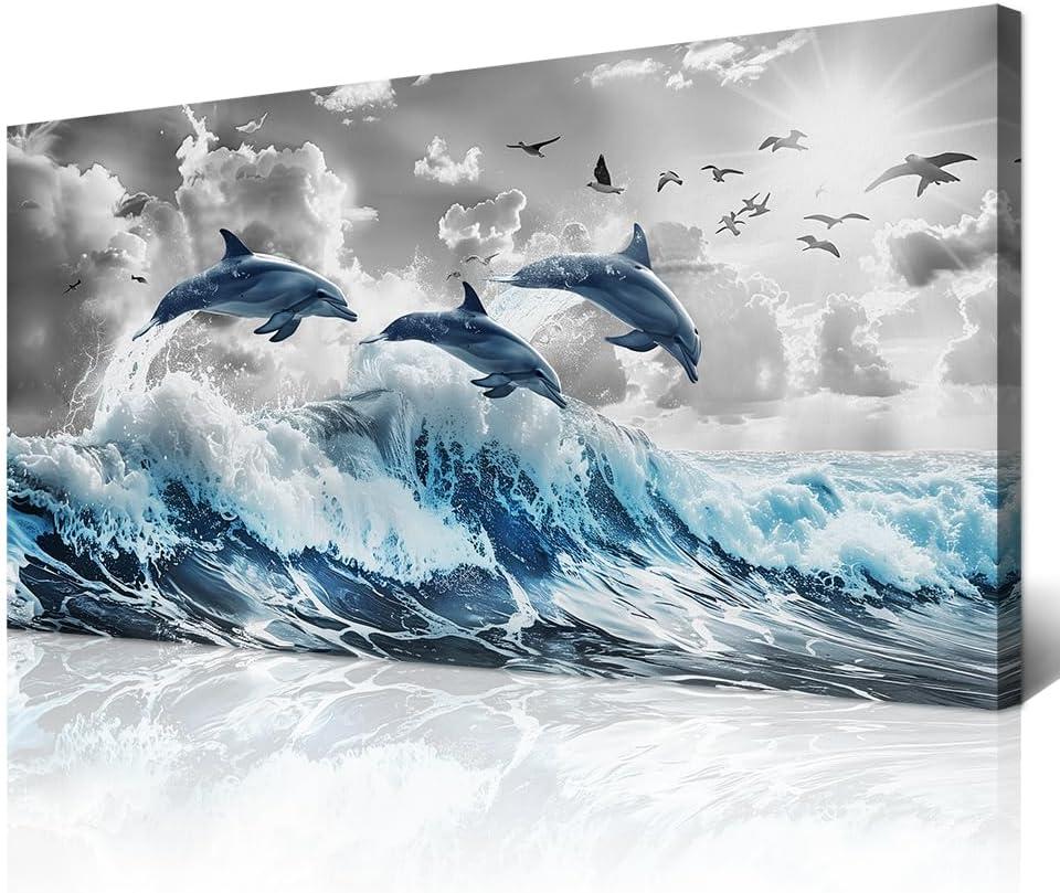 Chilfamy Wall Decorations For Living Room Canvas Wall Art For Bedroom Blue Waves Of The Sea Wall Pictures Artwork Office Canvas Art Print Dolphins Wall Paintings Ready To Hang Home Decor 20x16 Inch