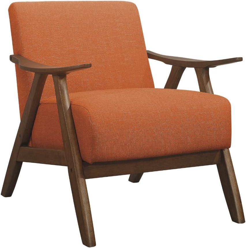 Accent Chair, Mid-Century Linen Upholstered Leisure Armchair with Solid Wood Frame and Back, Comfy Single Sofa Lounge Chair Reading Chair for Living Room, Bedroom, Apartment, Orange