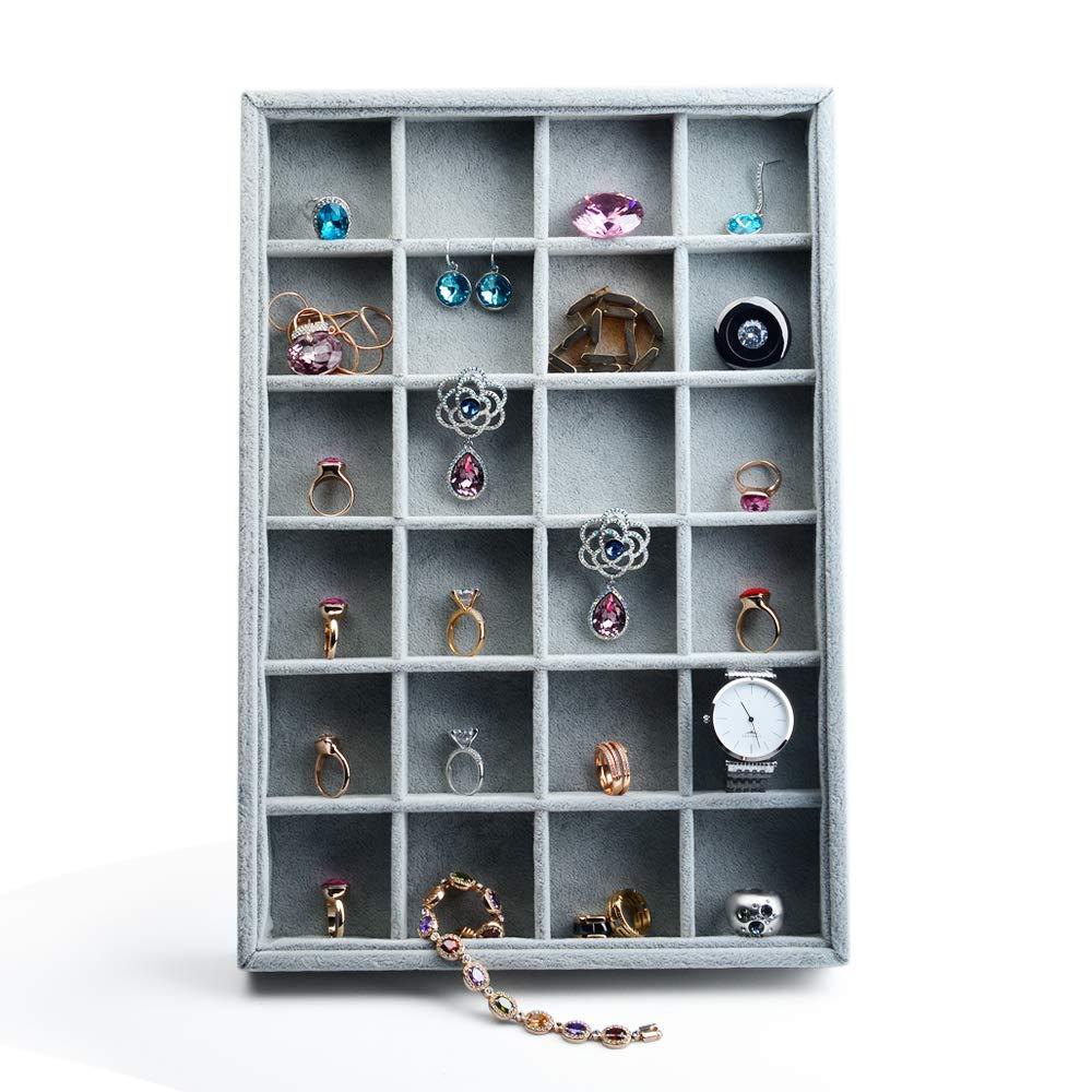 Coofanin Jewelry Box Jewelry Tray Stackable Display Drawer Showcase Organizer Storage Holder for Ring Earring Bracelet Gray Velvet 24 Grid (Grey )