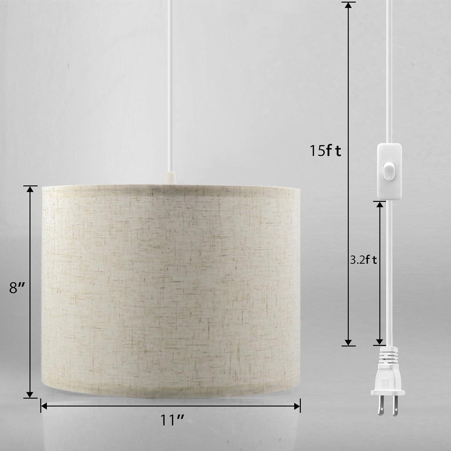 Beige Linen Drum Pendant Light with 15ft Cord and Switch