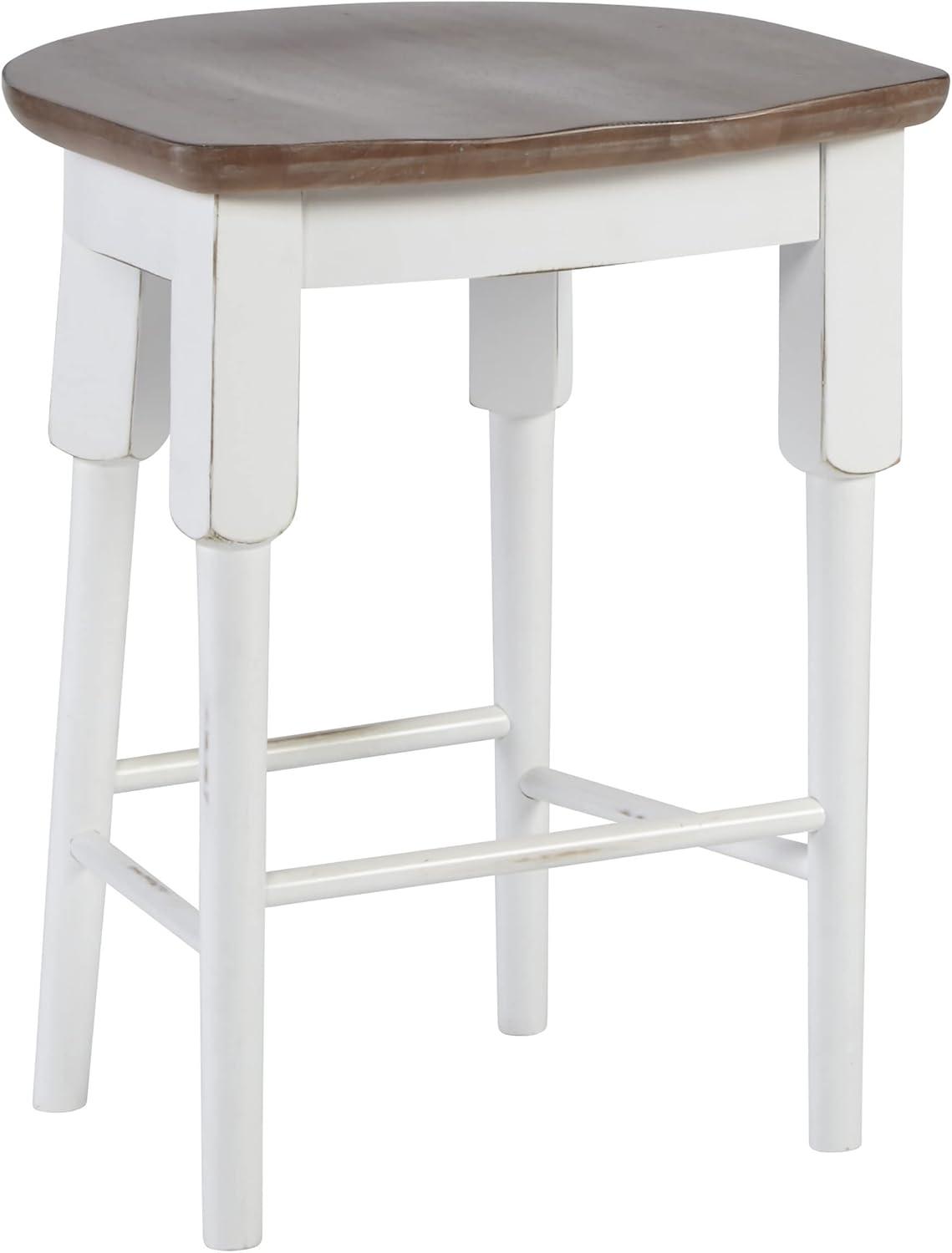 Light Oak and Distressed White Backless Wood Counter Stool