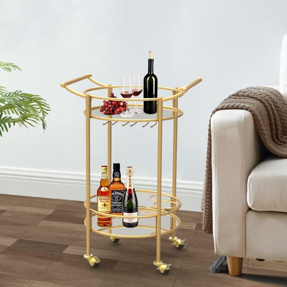 Gold Round Bar Cart with Glass Shelves and Wine Rack