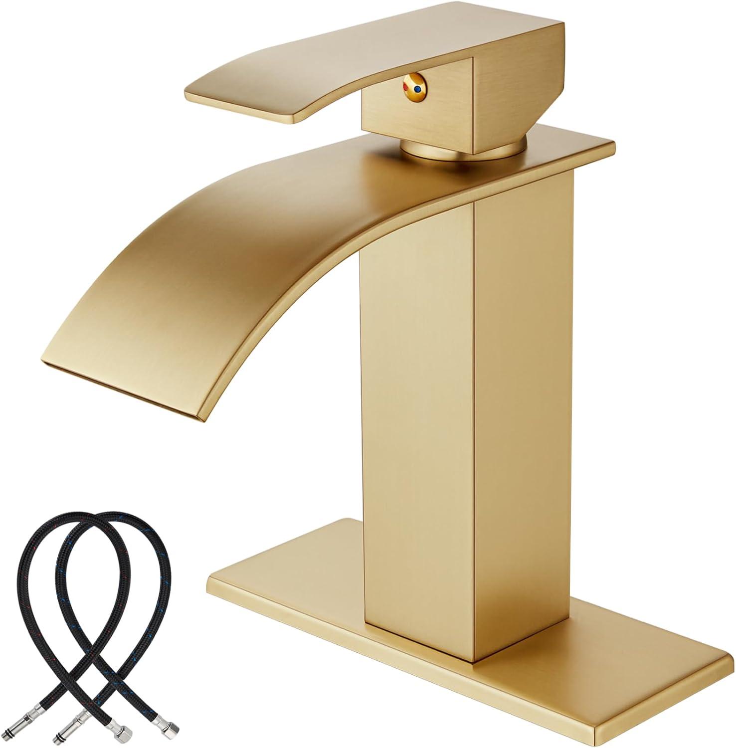 Midanya Waterfall Spout Bathroom Faucet Single Handle 1 Hole Bathroom Sink Faucet,Modern RV Lavatory Vanity Basin Tap with Water Hose,Short Body,Polish Chrome