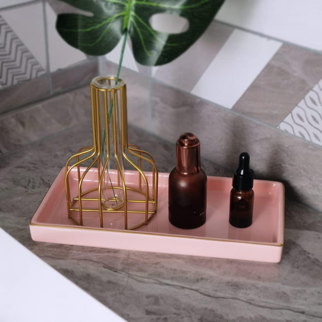 10 x 5 Ceramic Bathroom Tray for Countertop, Decorative Vanity Tray for Dresser Tops, Small Rectangular Trays for Perfume, Candle, Jewelry, Cosmetics (Pink)