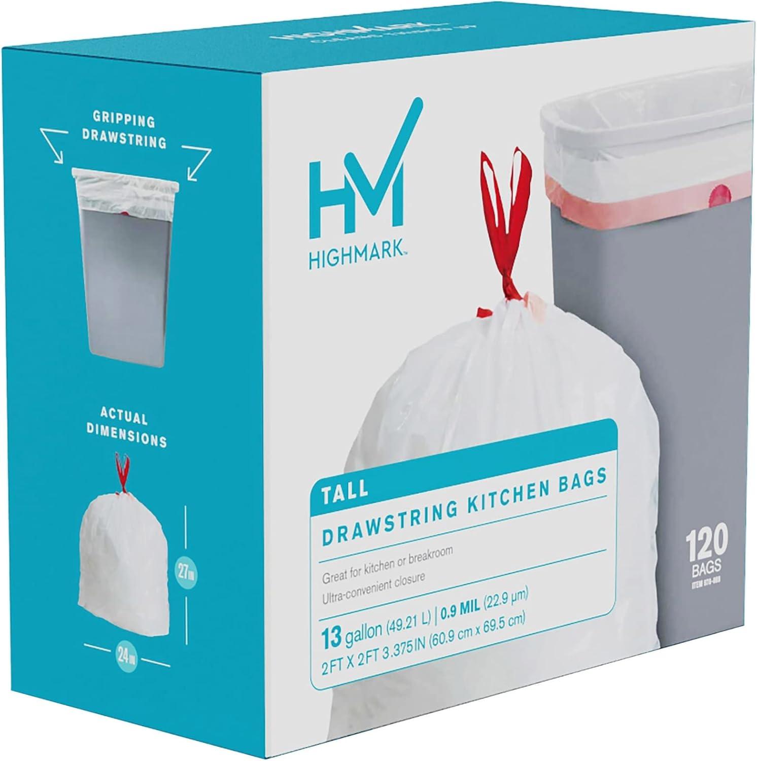 Highmark 0.9-mil Drawstring Trash Bags, 13 Gallons, White, Box Of 120, DP848808