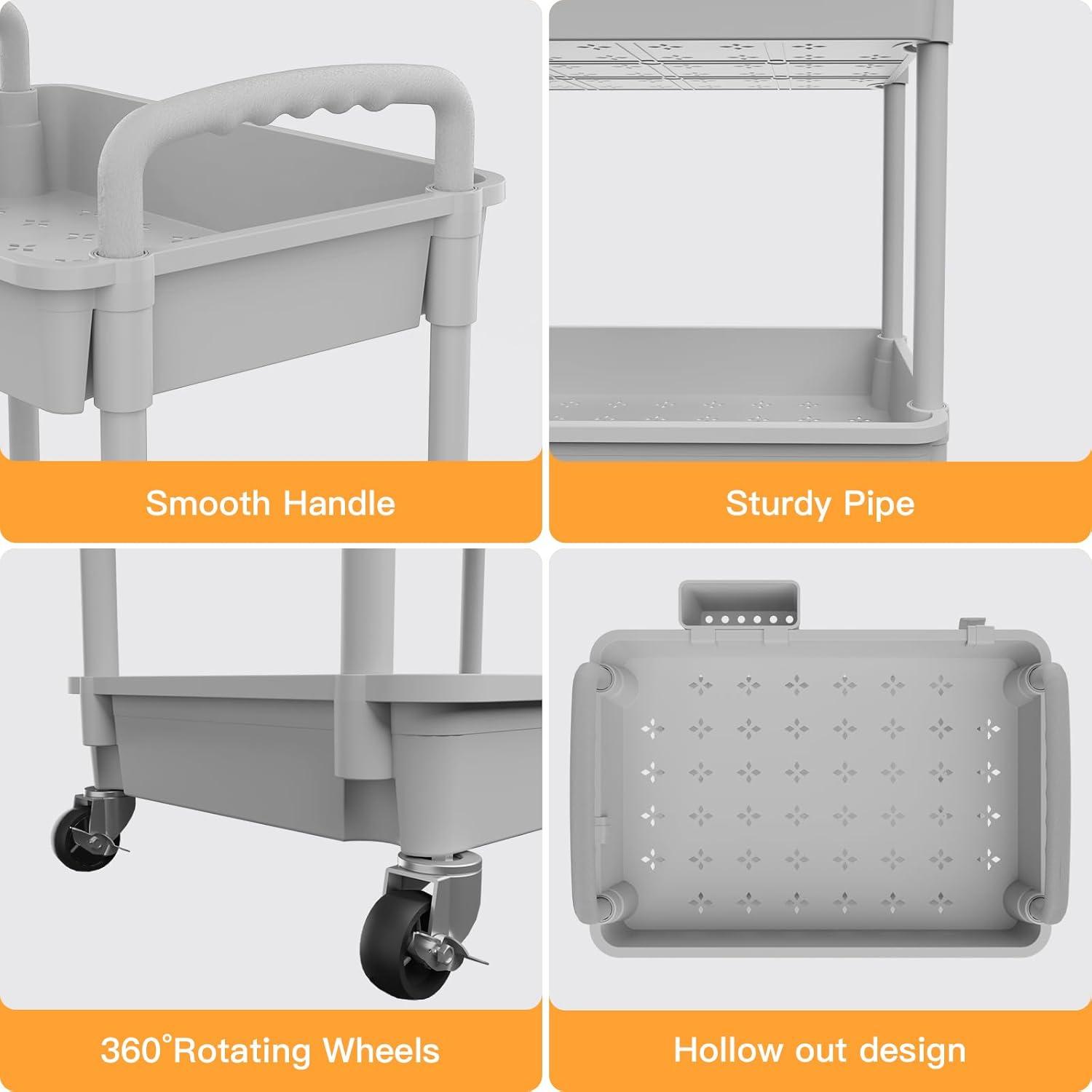 3 Tier Rolling Utility Cart with Handle,REBECAT Utility Cart Made of Multifunctional Storage Organizer Tool for Kitchen,Bathroom,Living Room,Office(Gray)