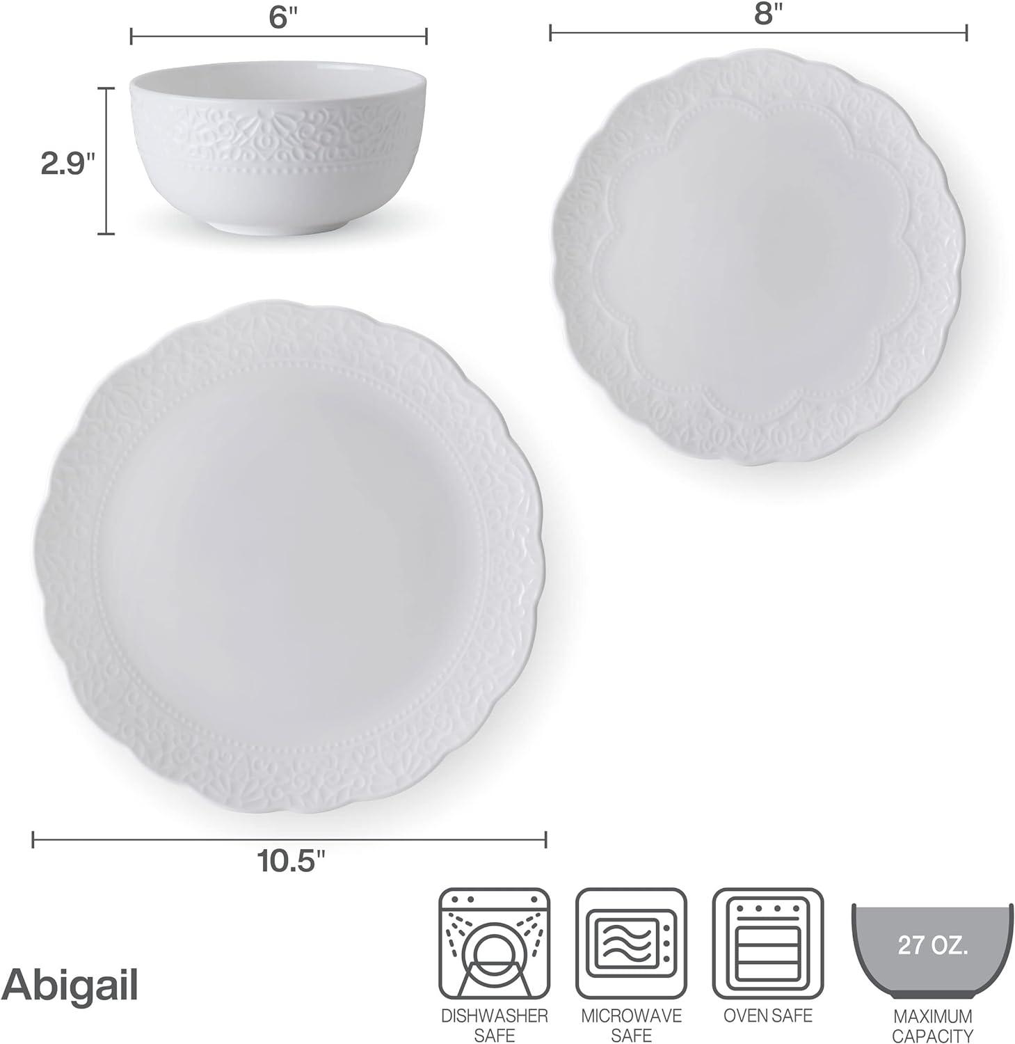 Abigail White Porcelain 12-Piece Dinnerware Set, Service for 4