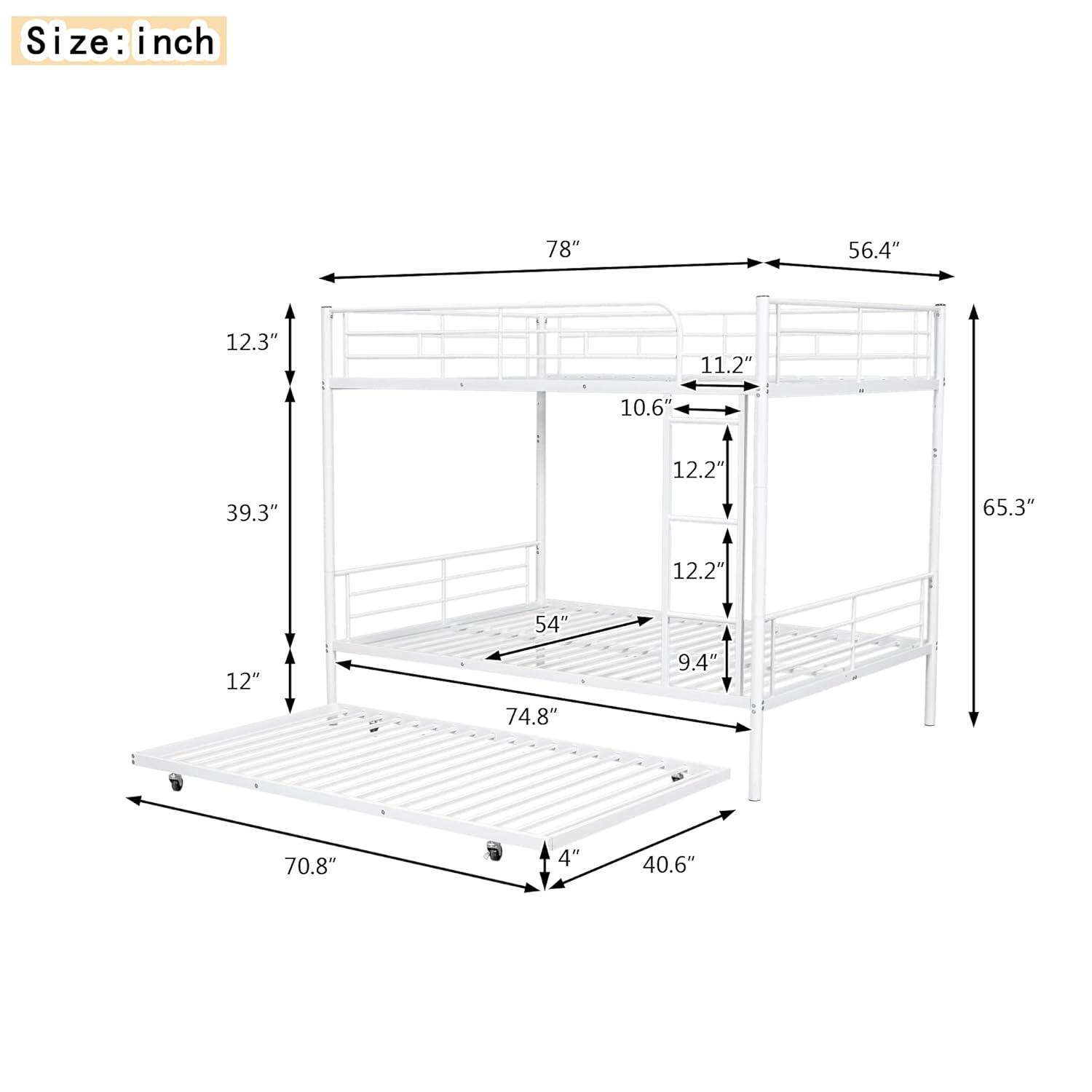 Harper & Bright Designs Full Over Full Metal Bunk Bed with Trundle, Ladder & High Guardrail, Able to Split, Noise Free, Heavy-Duty Steel Loft Bed Frame with Safety Rail for Bedroom, Dorm (White)