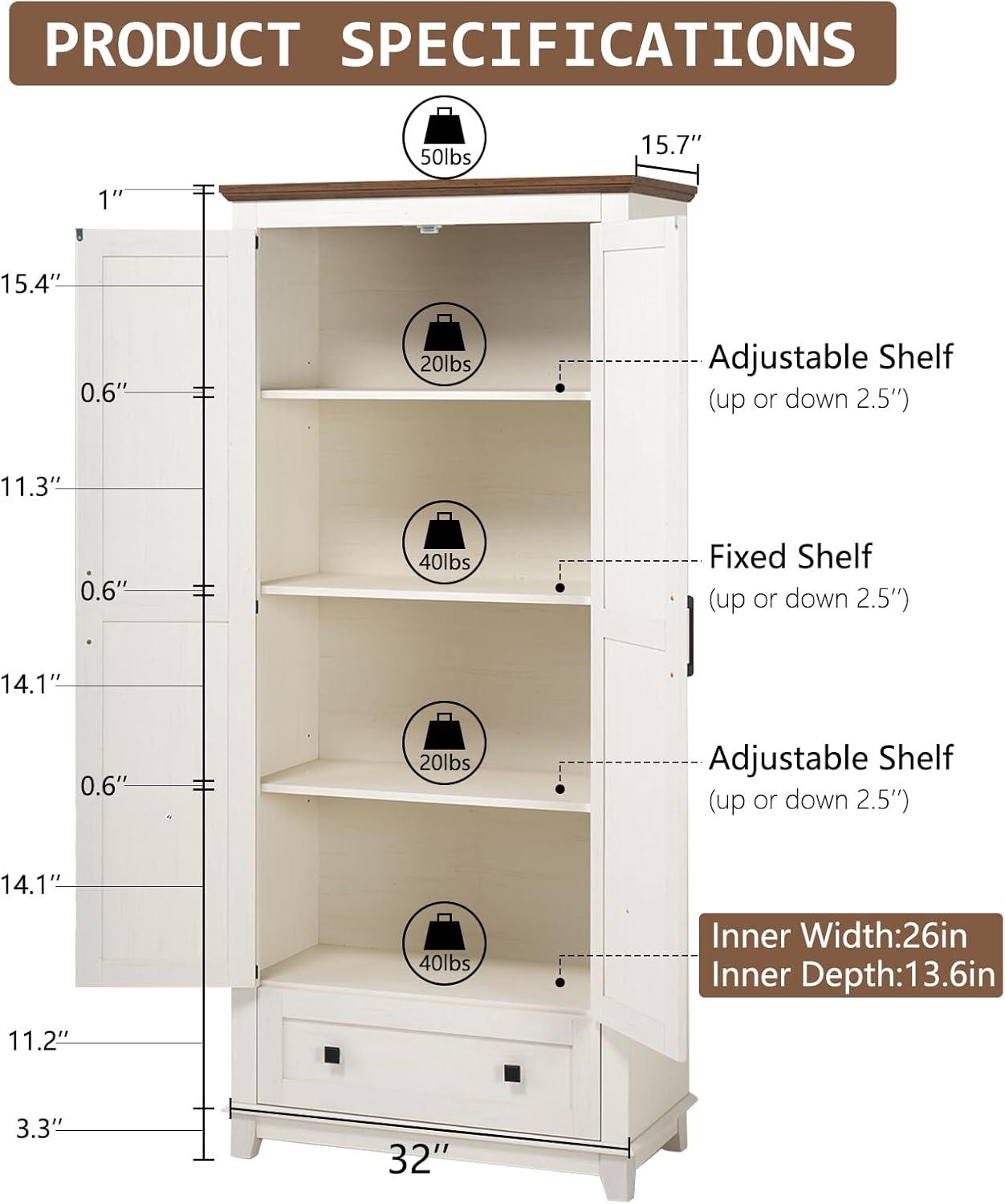 Barnwood and White Farmhouse Kitchen Pantry Cabinet with Adjustable Shelves