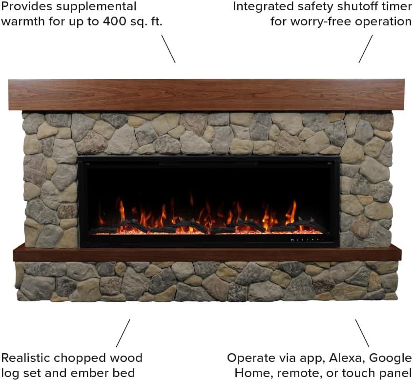 Country Living Belhaven 74 Inch Bookcase Mantel Package | 23 Inch Smart Electric Fireplace Insert Heater