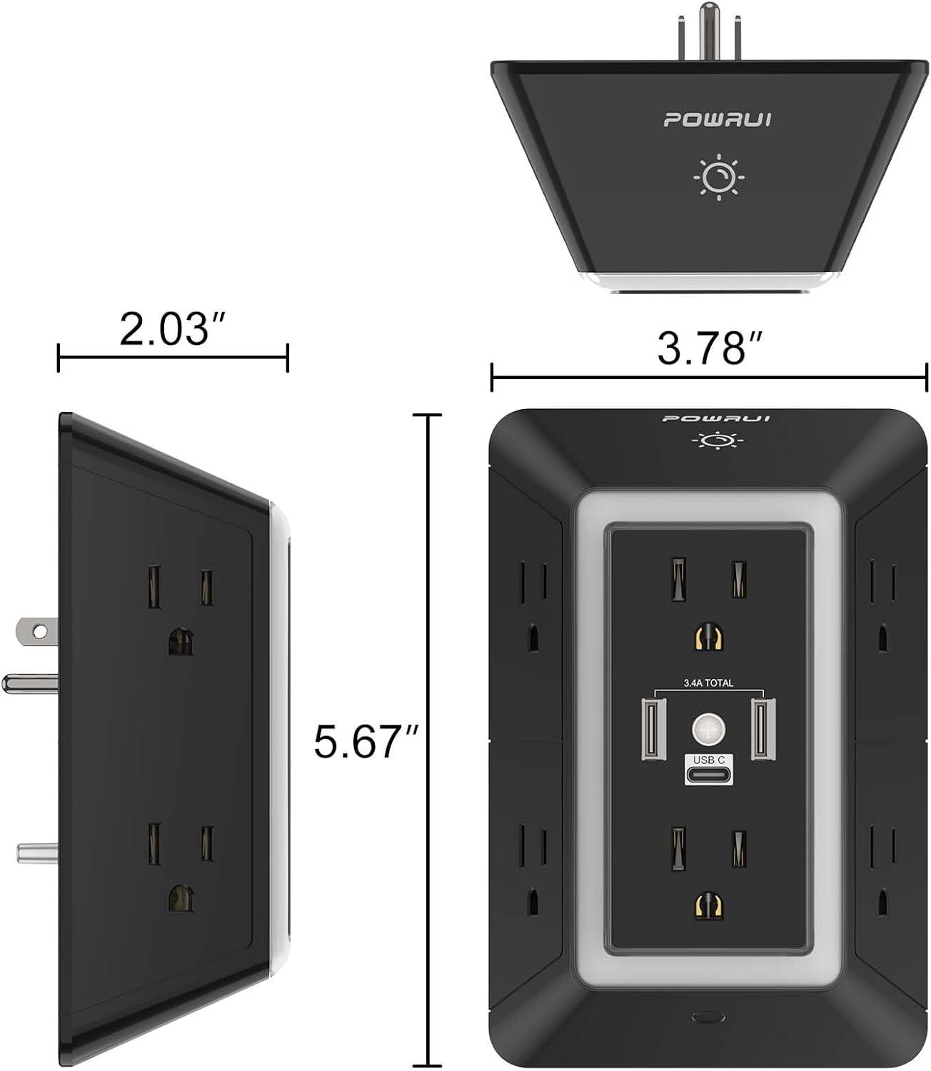 POWRUI Power Strip Surge Protector - 6 AC Outlets With 3 USB Ports (1 USB C), Night Light, 3-Sided Multi Plug Wall Extender With Spaced Outlets - Grey, ETL Listed