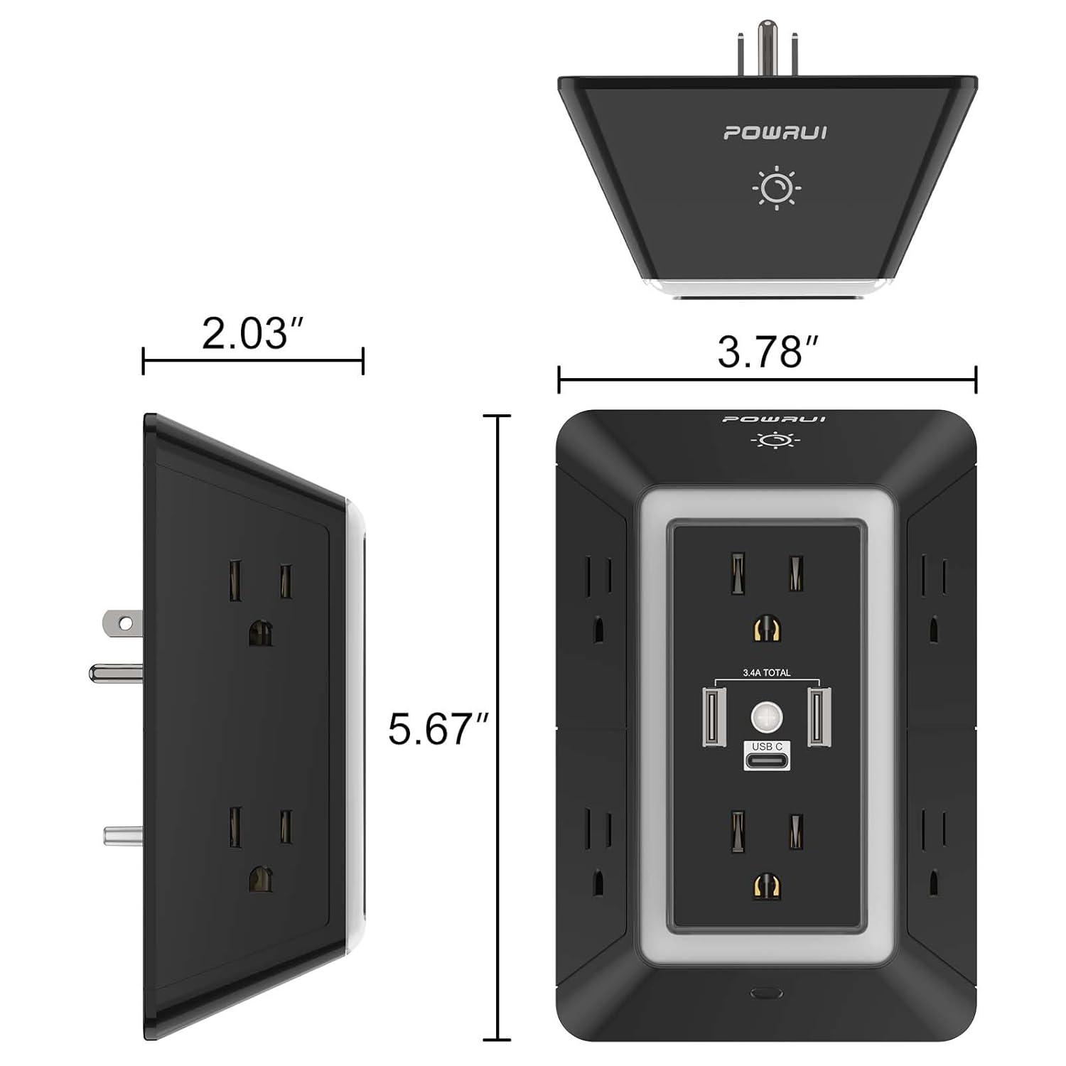 Outlet Extender Power Strip, POWRUI 6 AC Surge Protector Outlets with 3 USB Ports (1 USB C) and Night Light, 3-Sided Multi Plug Wall Outlet with Spaced Outlets - Black, ETL Listed