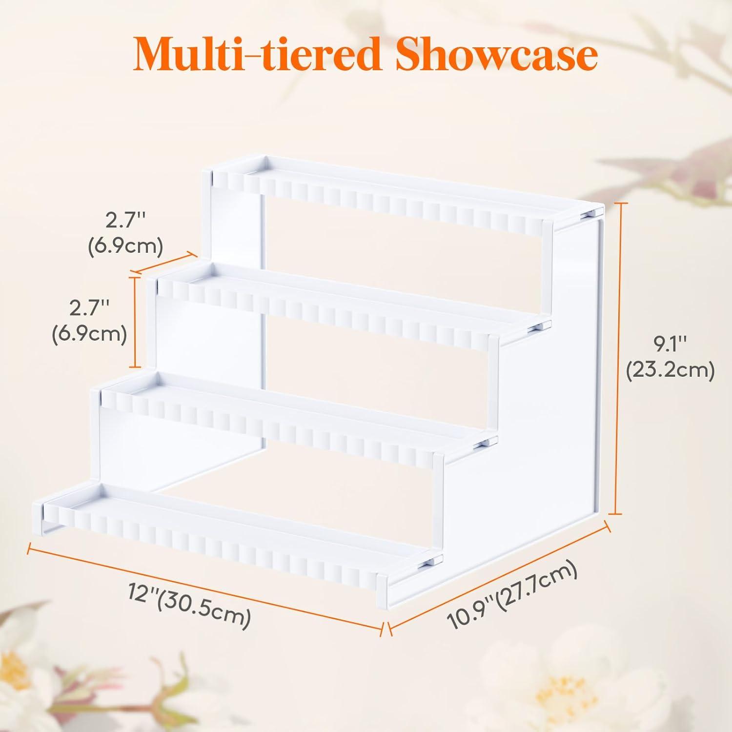 Lifewit 4 Tier Clear Display Risers Stand With Decorative Fences, Plastic 12 Inch Perfume Organizer, Display For Figures, Cupcake, Dessert, Desktop Stand For Organization And Decor, 1 Pack
