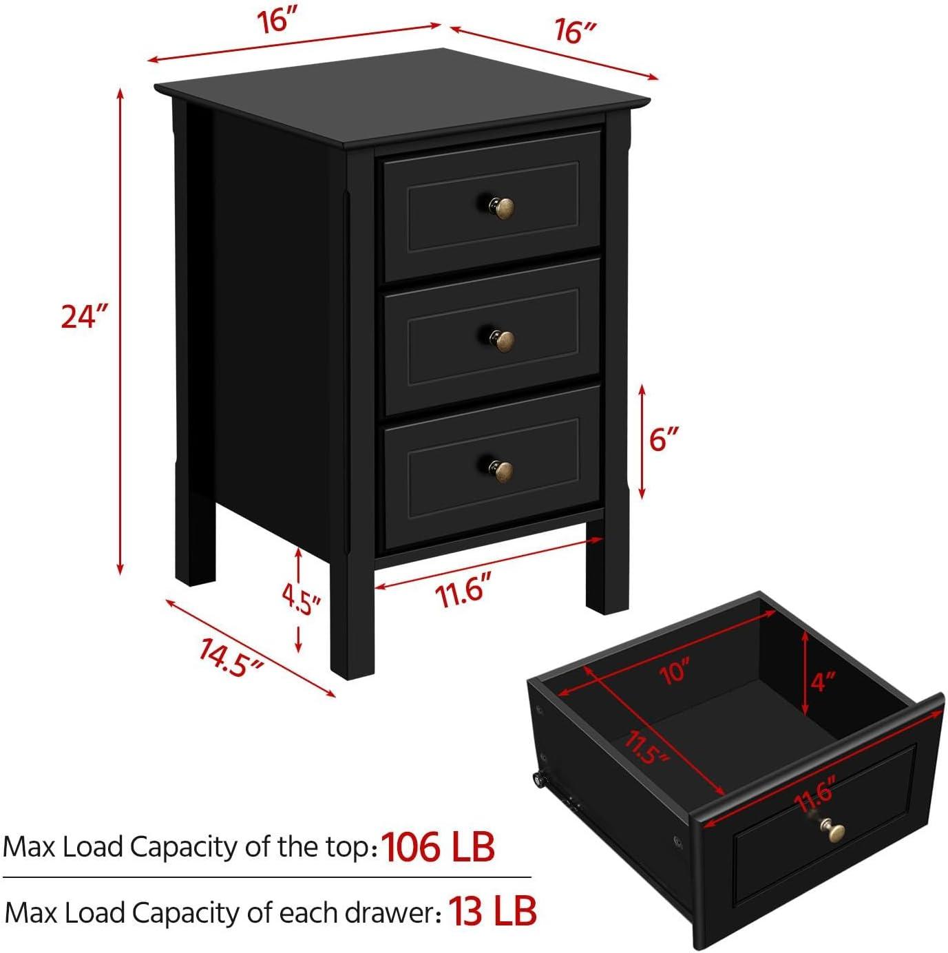 Yaheetech 3 Drawer End Table with Solid Wood Legs for Living Room, Black